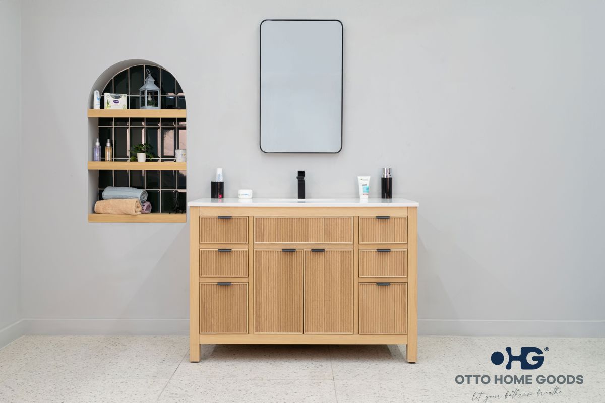 Catalina 48" Natural Oak Bathroom Vanity with Quartz Top & Black Hardware