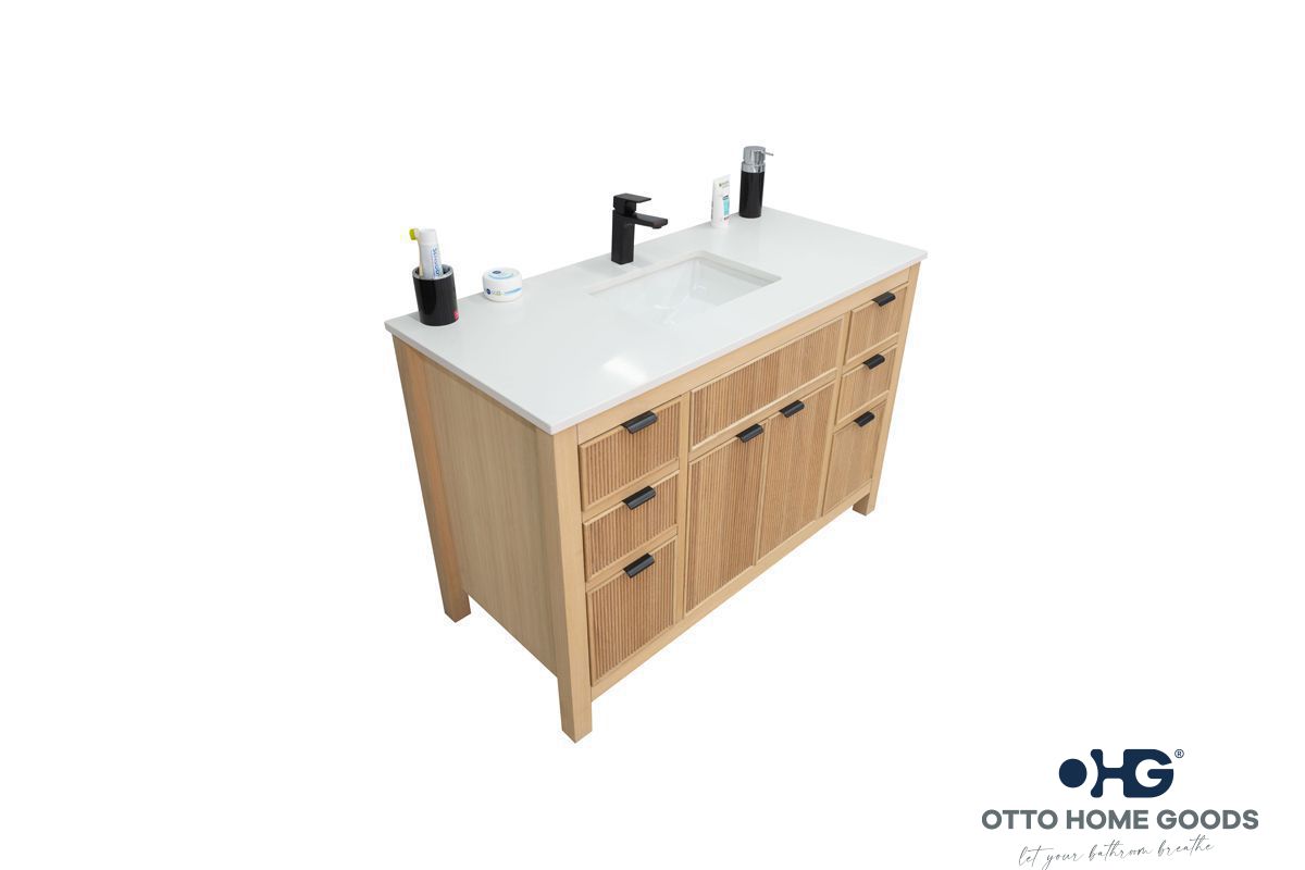 Catalina 48" Natural Oak Bathroom Vanity with Quartz Top & Black Hardware