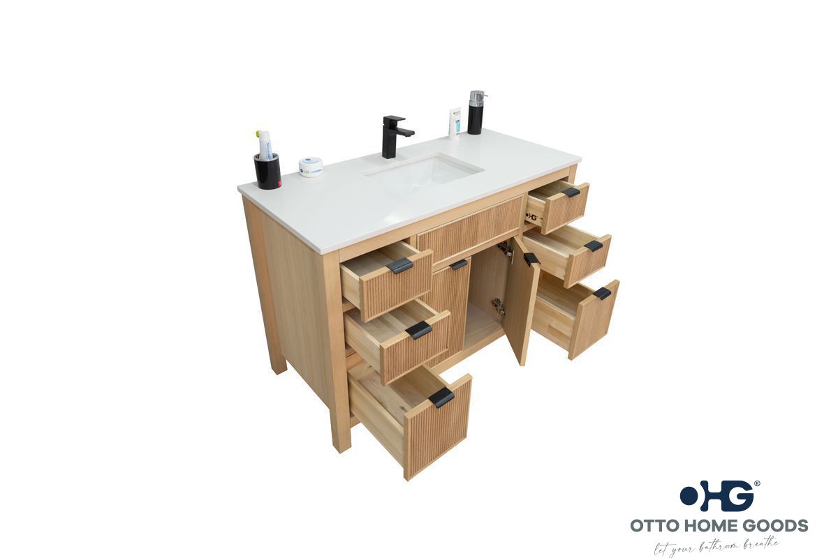 Catalina 48" Natural Oak Bathroom Vanity with Quartz Top & Black Hardware