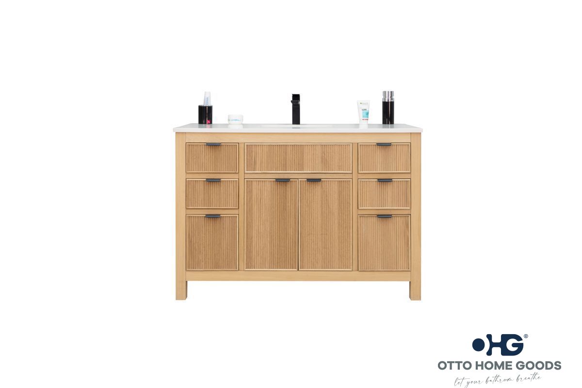 Catalina 48" Natural Oak Bathroom Vanity with Quartz Top & Black Hardware