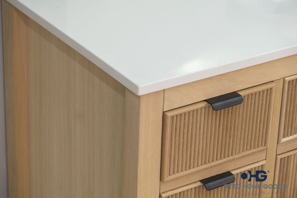 Catalina 48" Natural Oak Bathroom Vanity with Quartz Top & Black Hardware