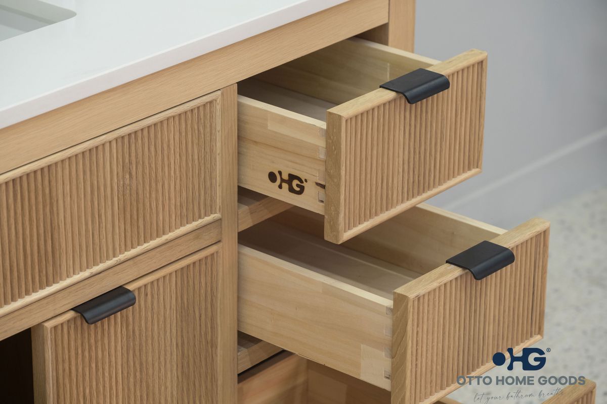 Catalina 48" Natural Oak Bathroom Vanity with Quartz Top & Black Hardware