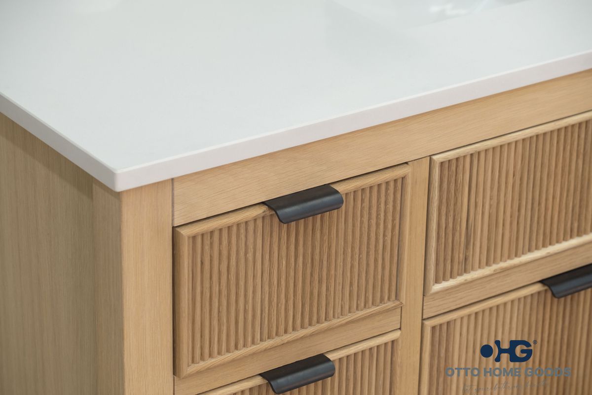 Catalina 48" Natural Oak Bathroom Vanity with Quartz Top & Black Hardware