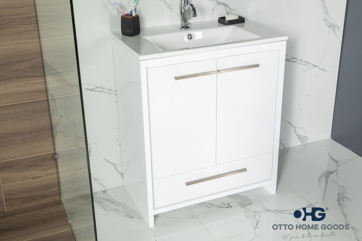 Arte 30" Bright White Bathroom Vanity with Porcelain Top & Nickel Hardware