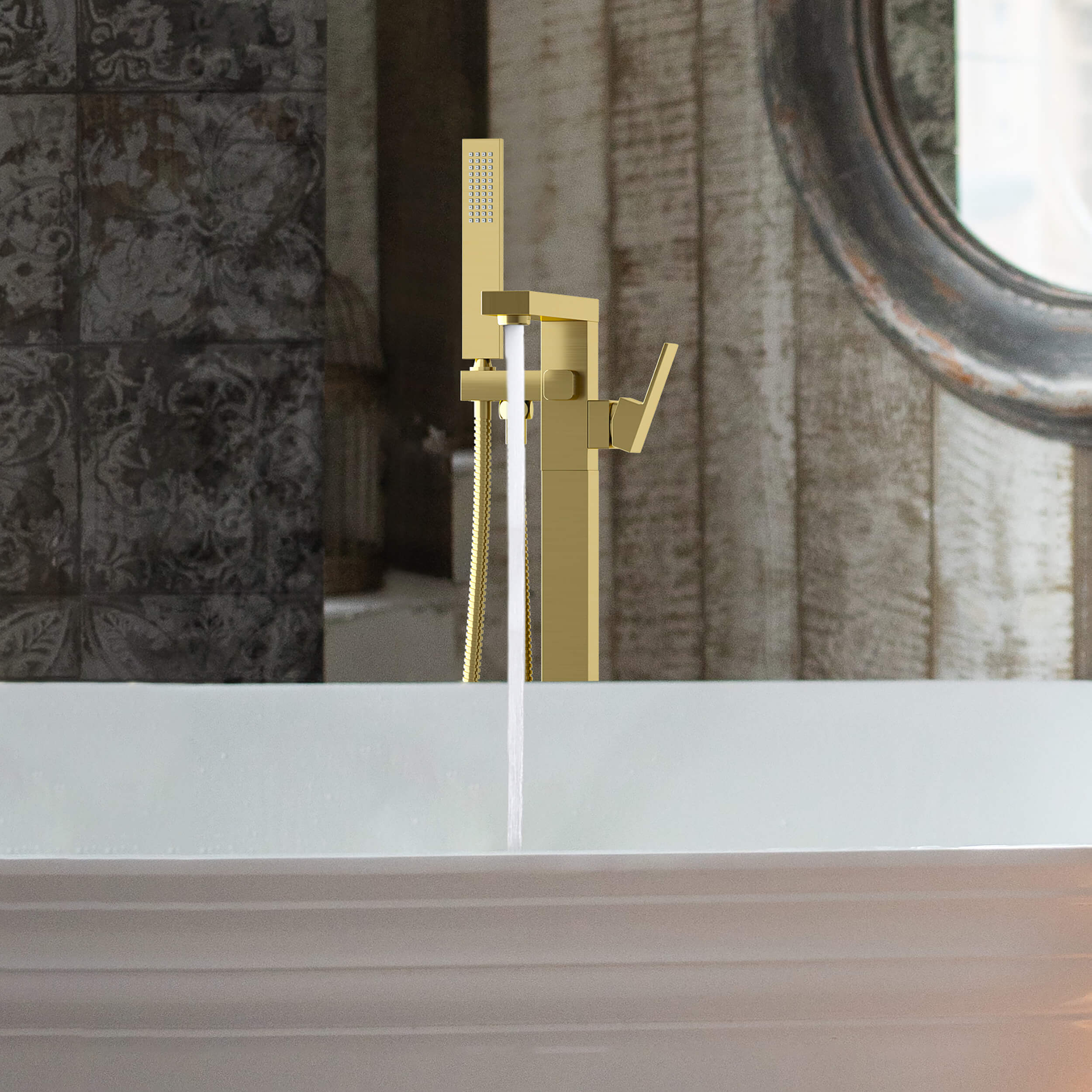 Quadra Floor Mount Tub Filler With Hand Shower