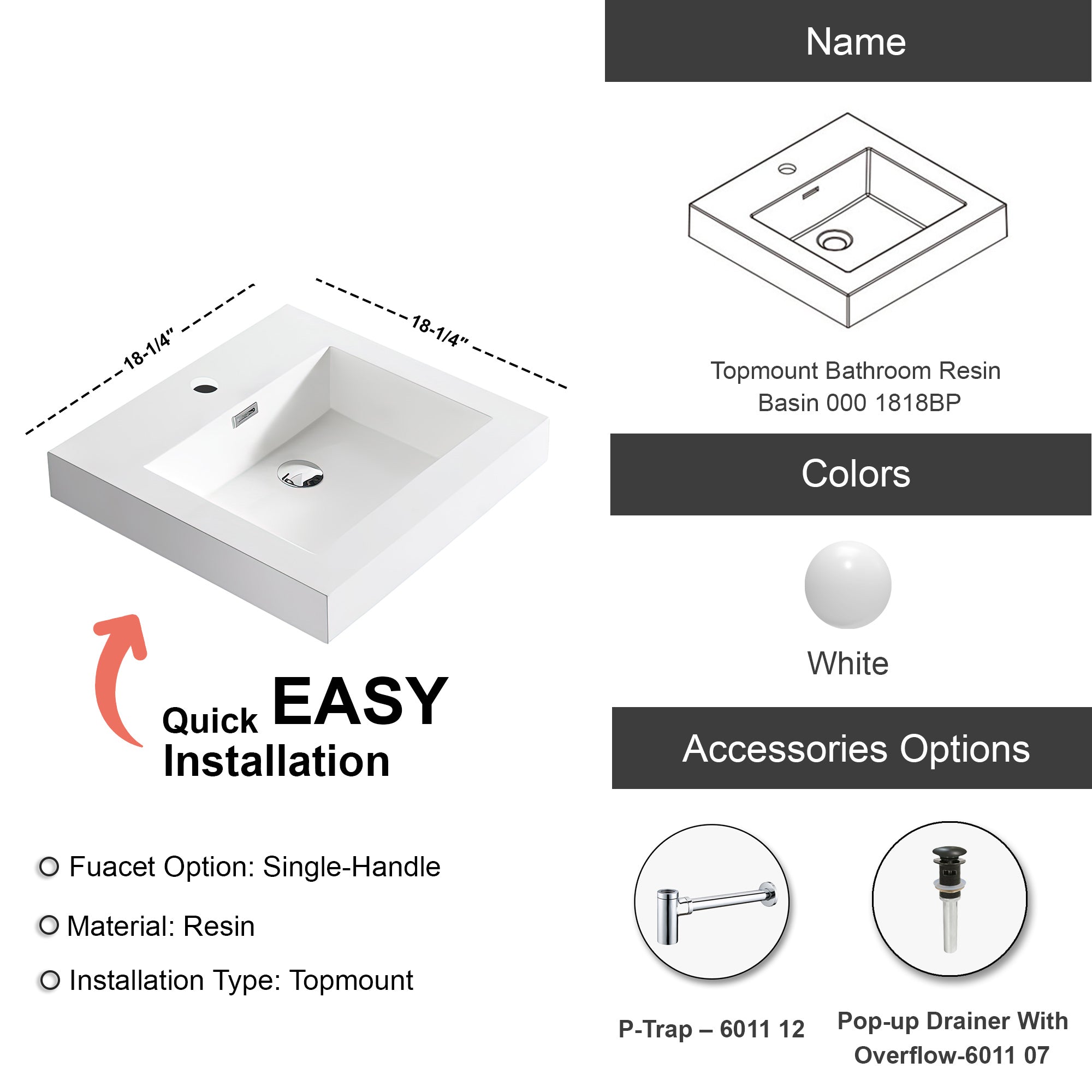 Topmount Bathroom Resin Basin 000 1818BP