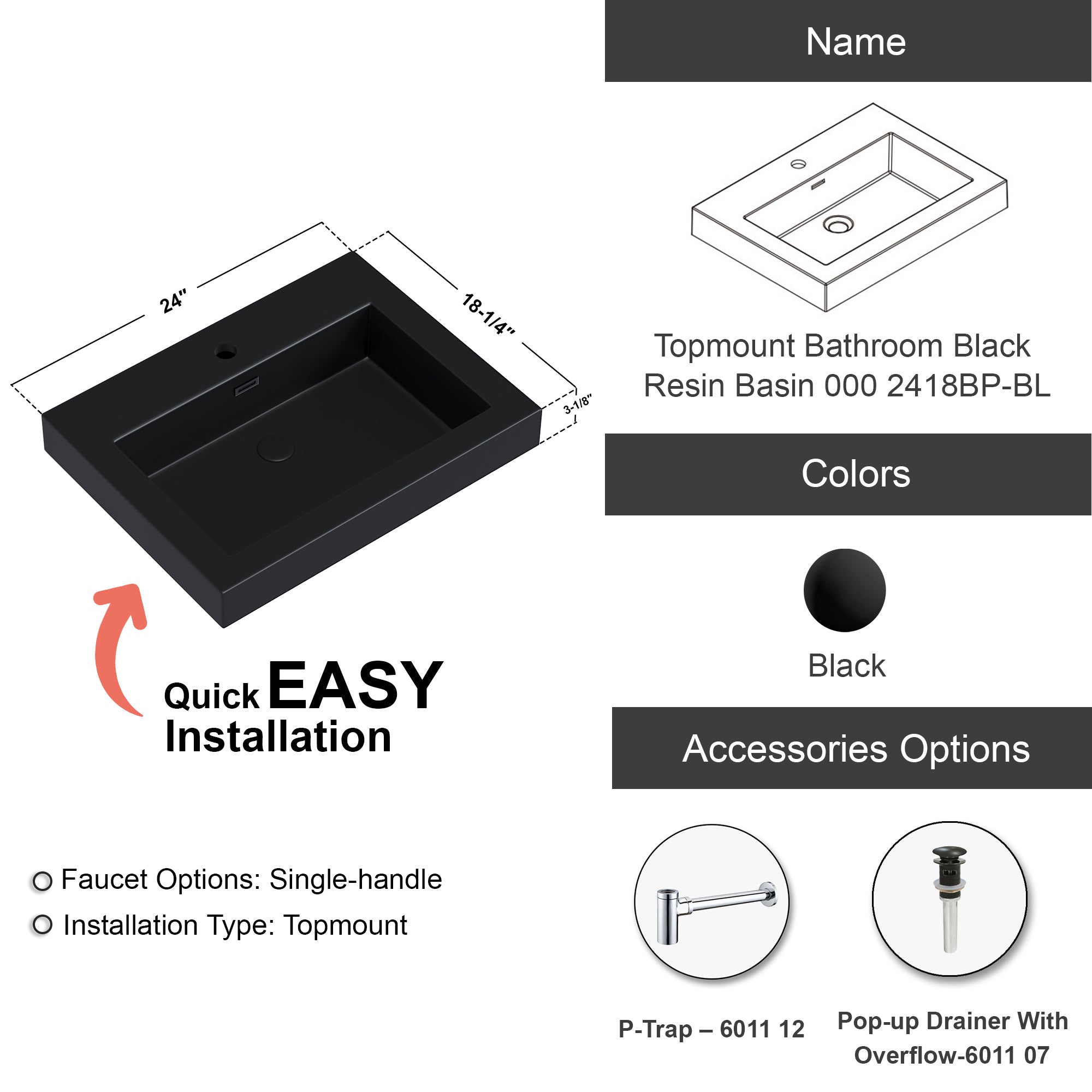 Topmount Bathroom Black Resin Basin 000 2418BP-BL