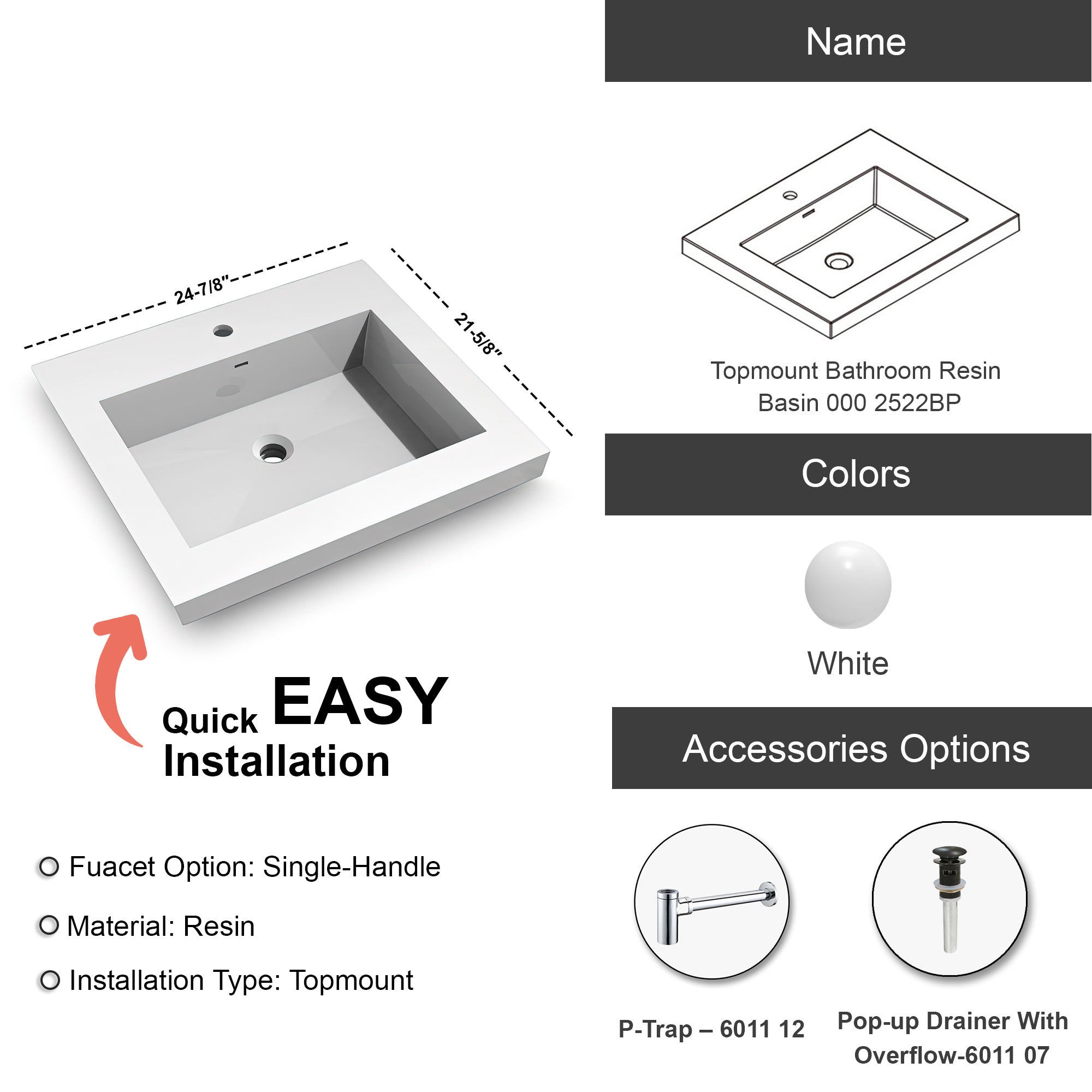 Topmount Bathroom Resin Basin 000 2522BP