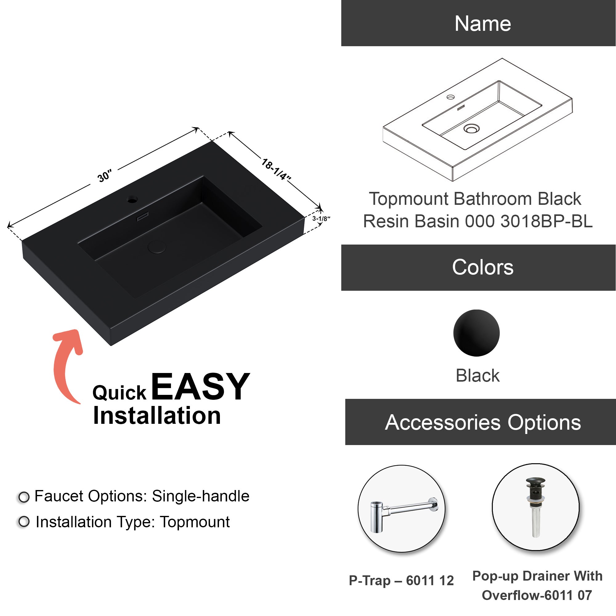 Topmount Bathroom Black Resin Basin 000 3018BP-BL