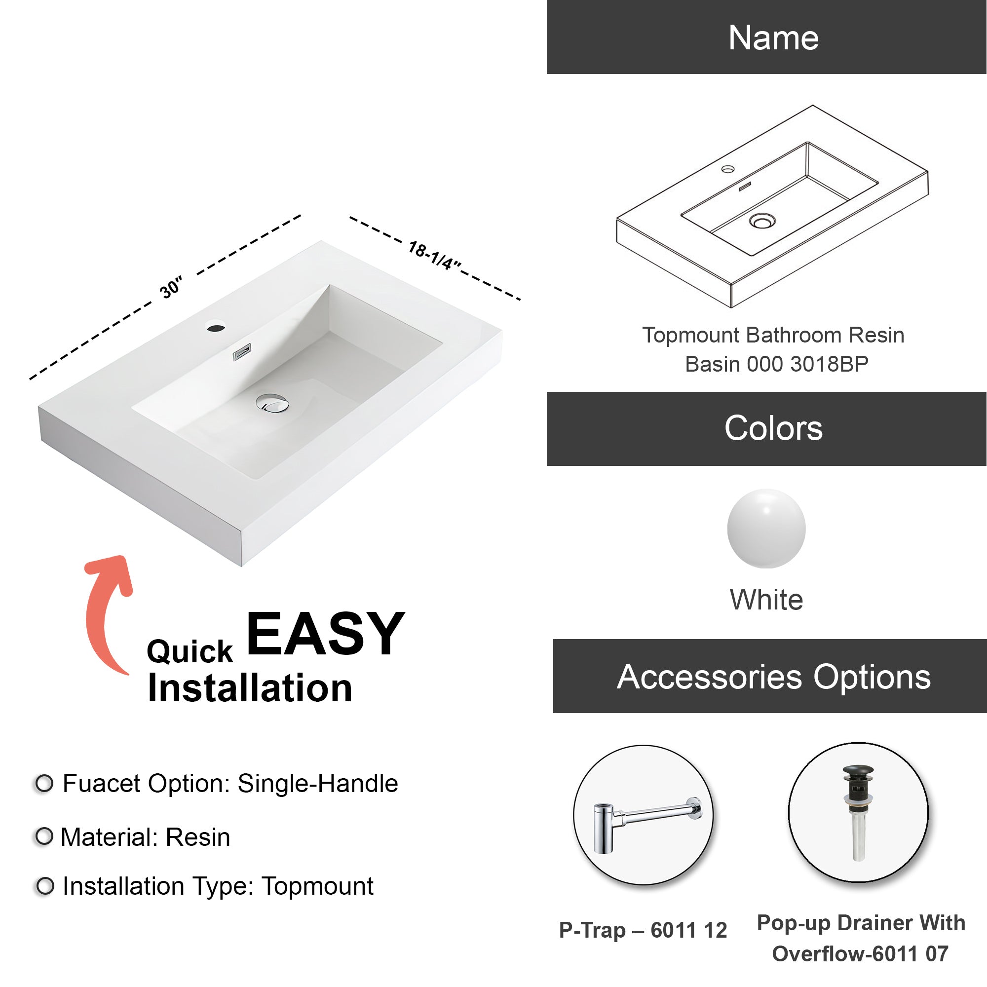 Topmount Bathroom Resin Basin 000 3018BP
