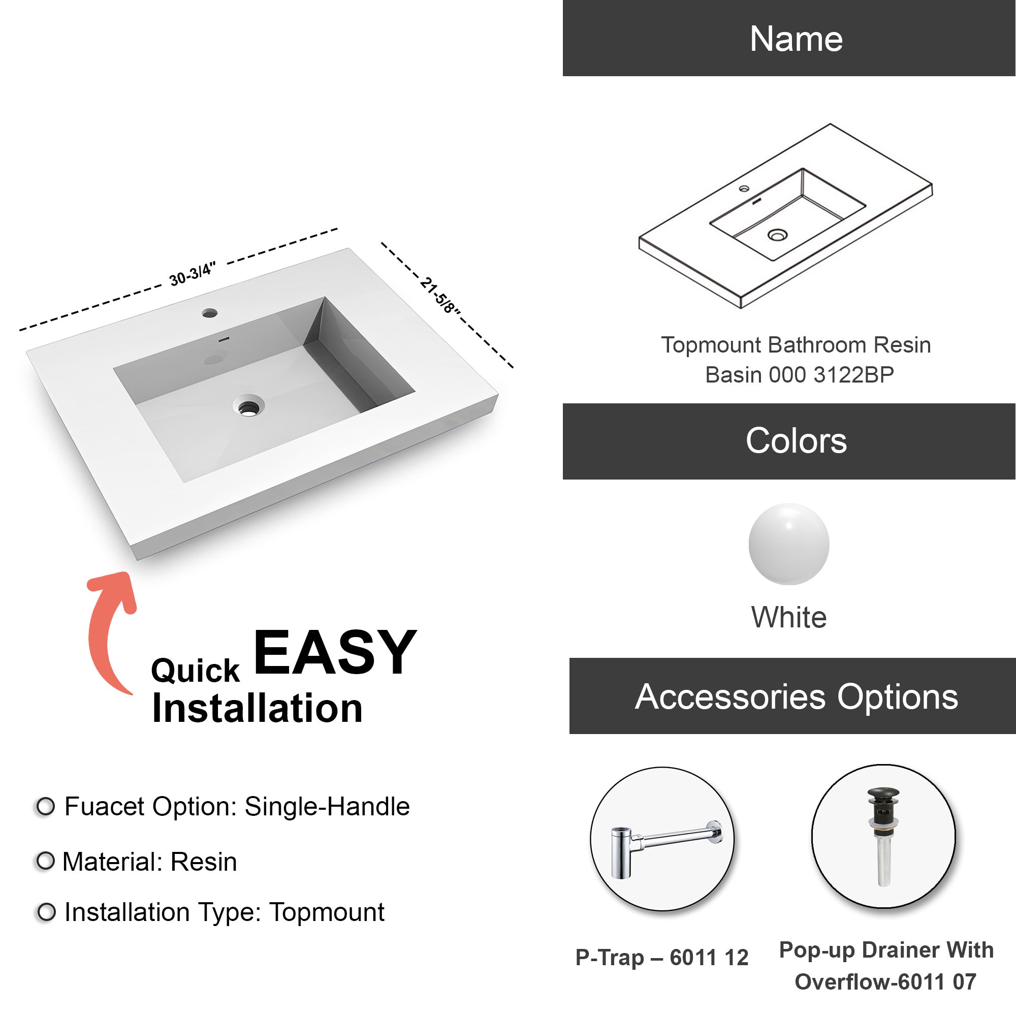 Topmount Bathroom Resin Basin 000 3122BP