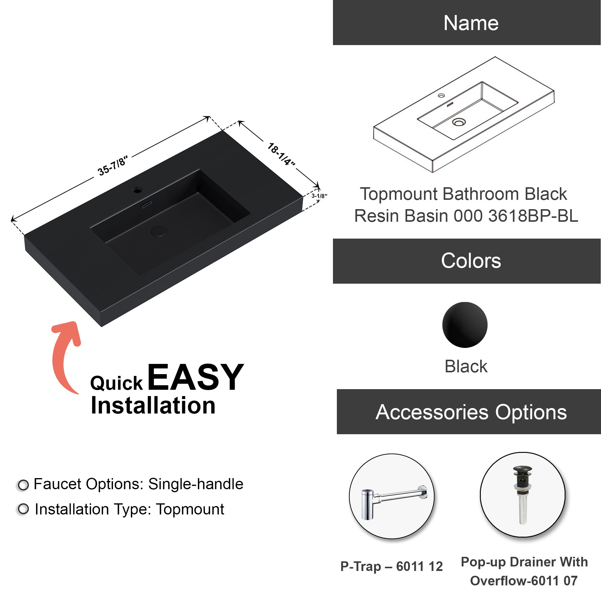 Topmount Bathroom Black Resin Basin 000 3618BP-BL