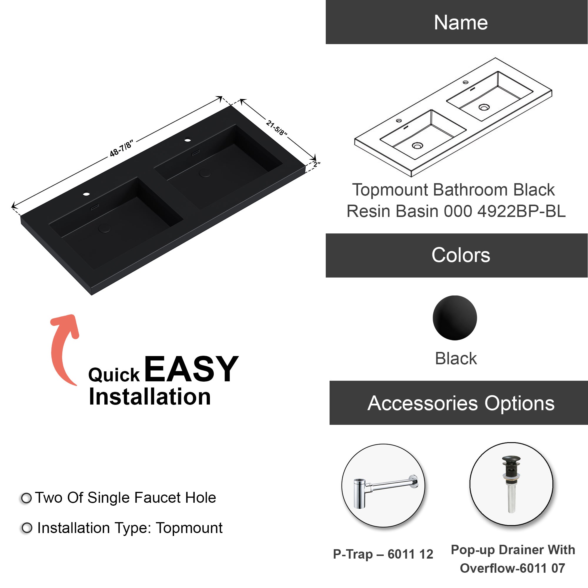 Topmount Bathroom Black Resin Basin 000 4922BP-BL