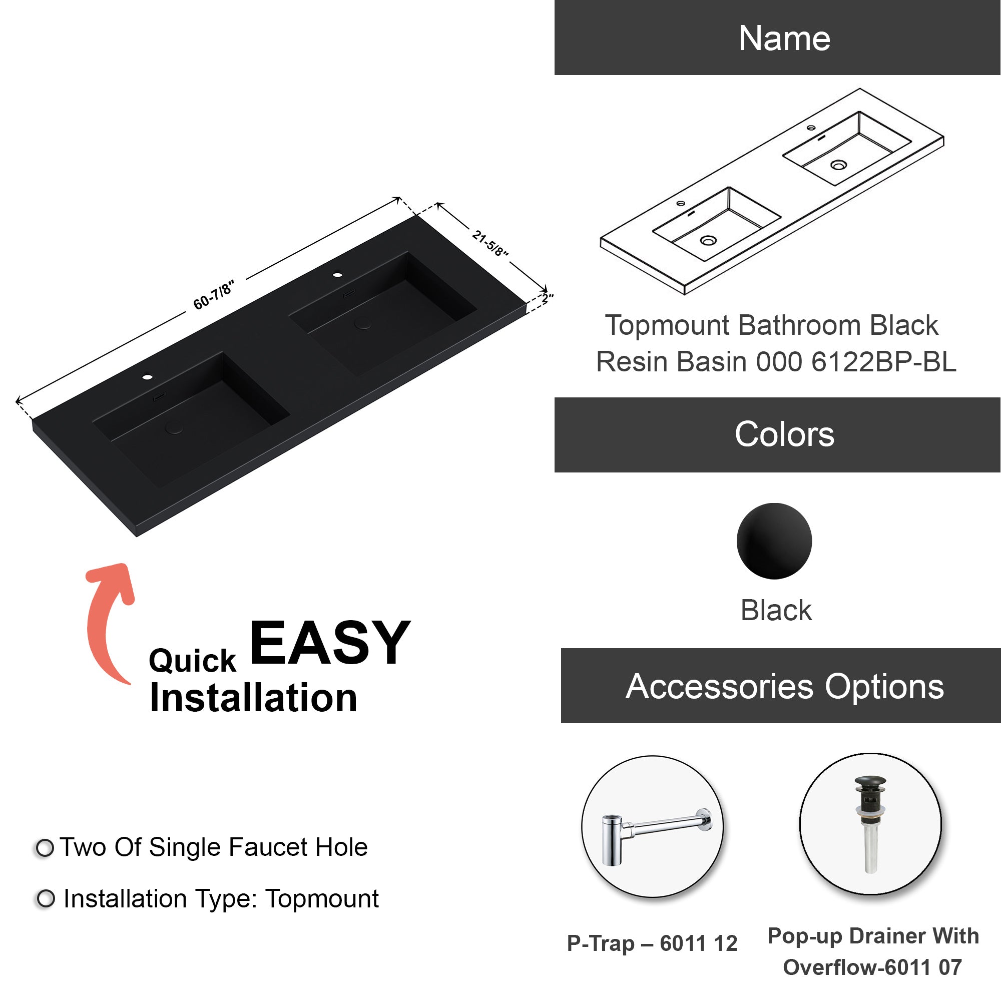 Topmount Bathroom Black Resin Basin 000 6122BP-BL