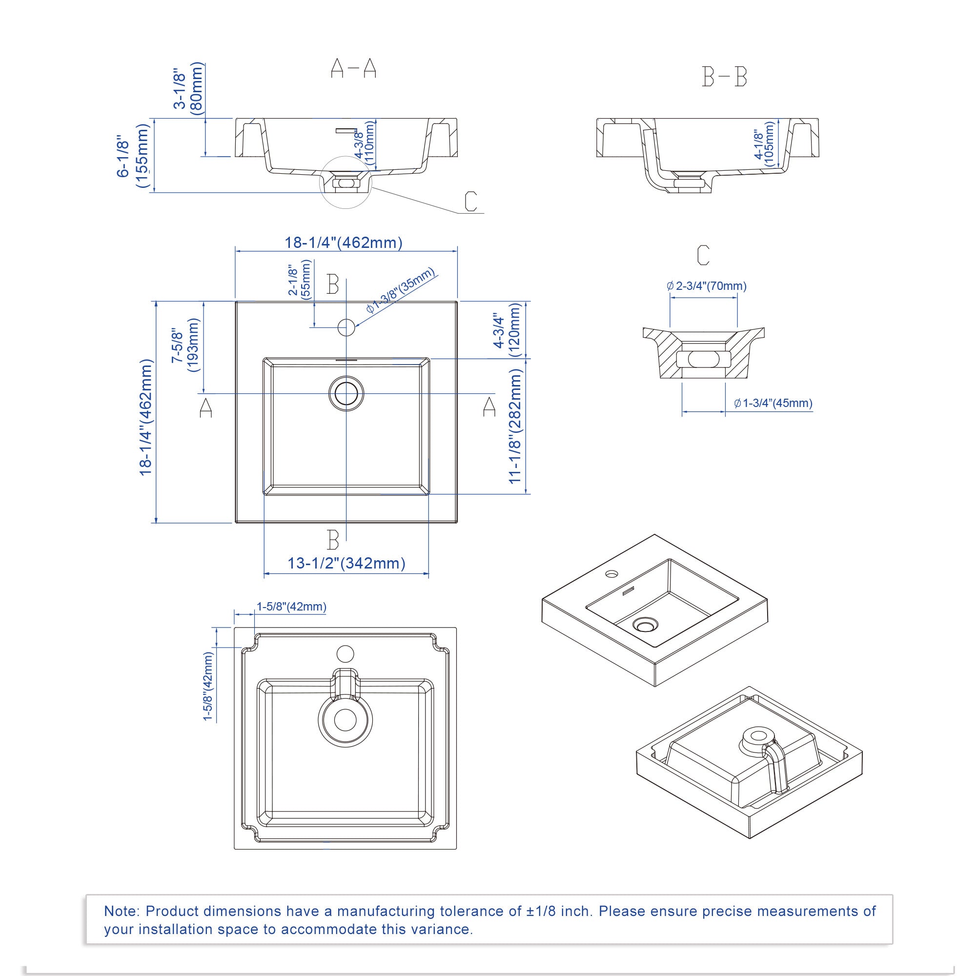 Topmount Bathroom Resin Basin 000 1818BP