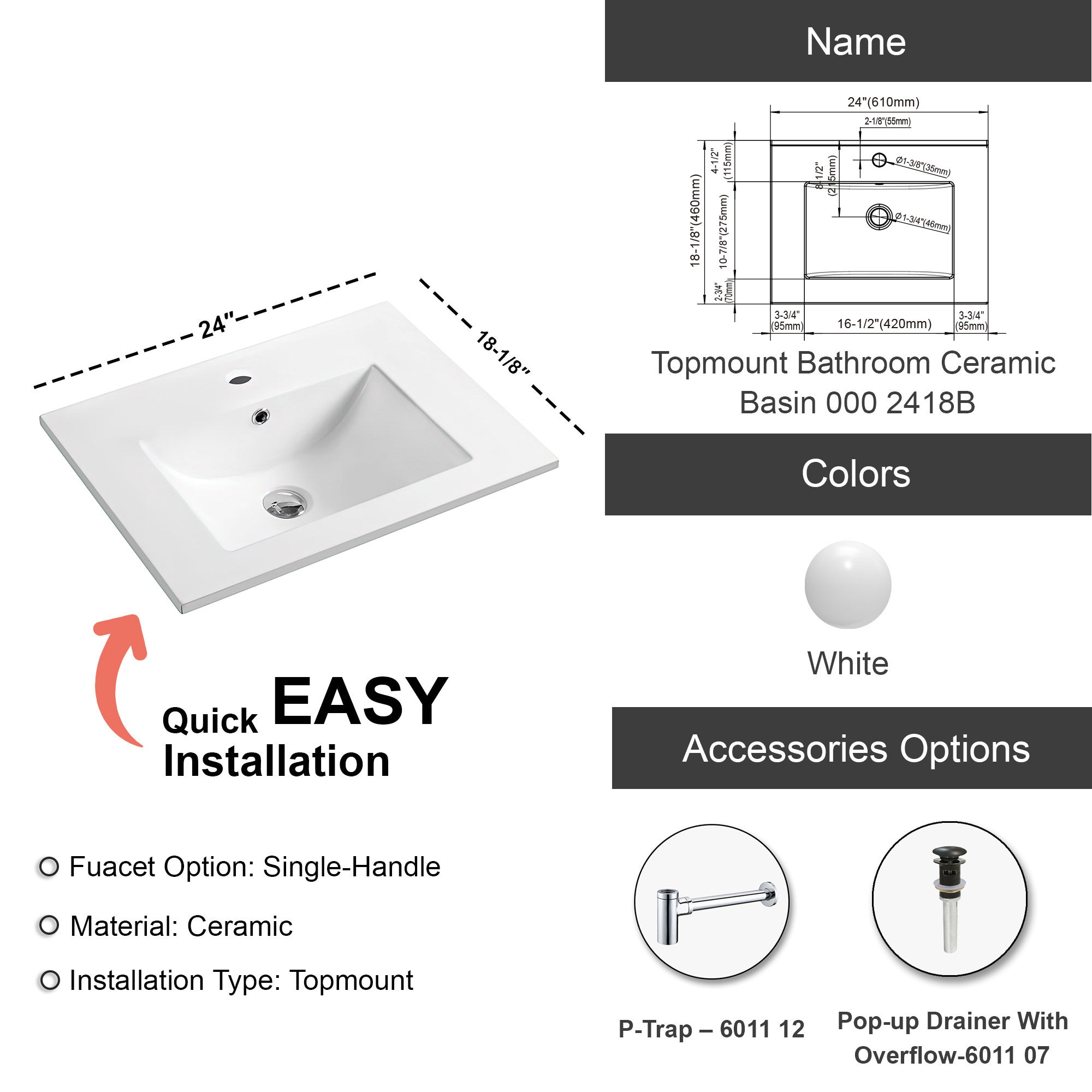 Topmount Bathroom Ceramic Basin 000 2418B