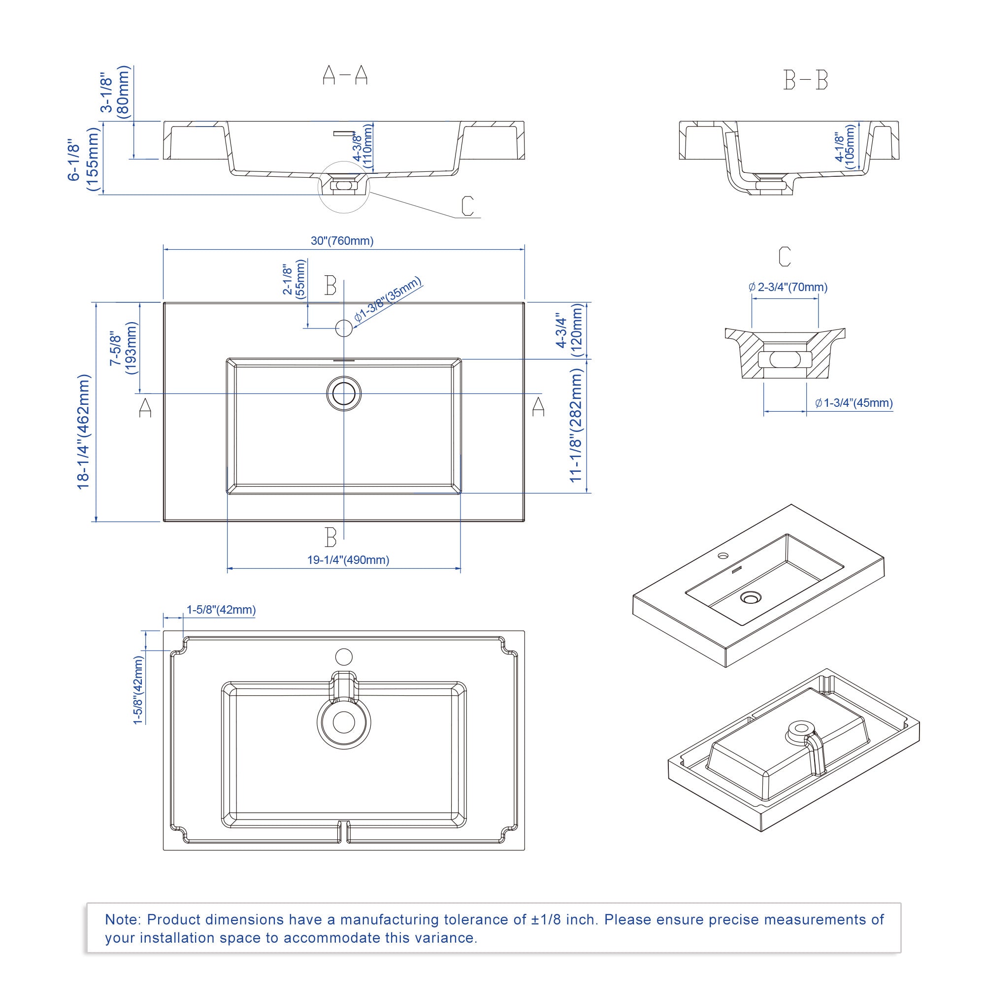 Topmount Bathroom Resin Basin 000 3018BP