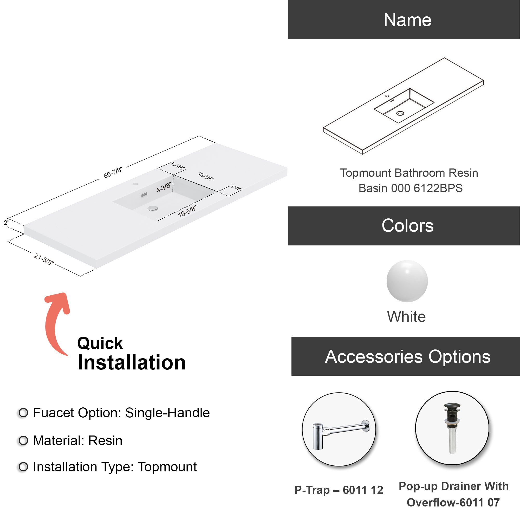 Topmount Bathroom Resin Basin 000 6122BPS