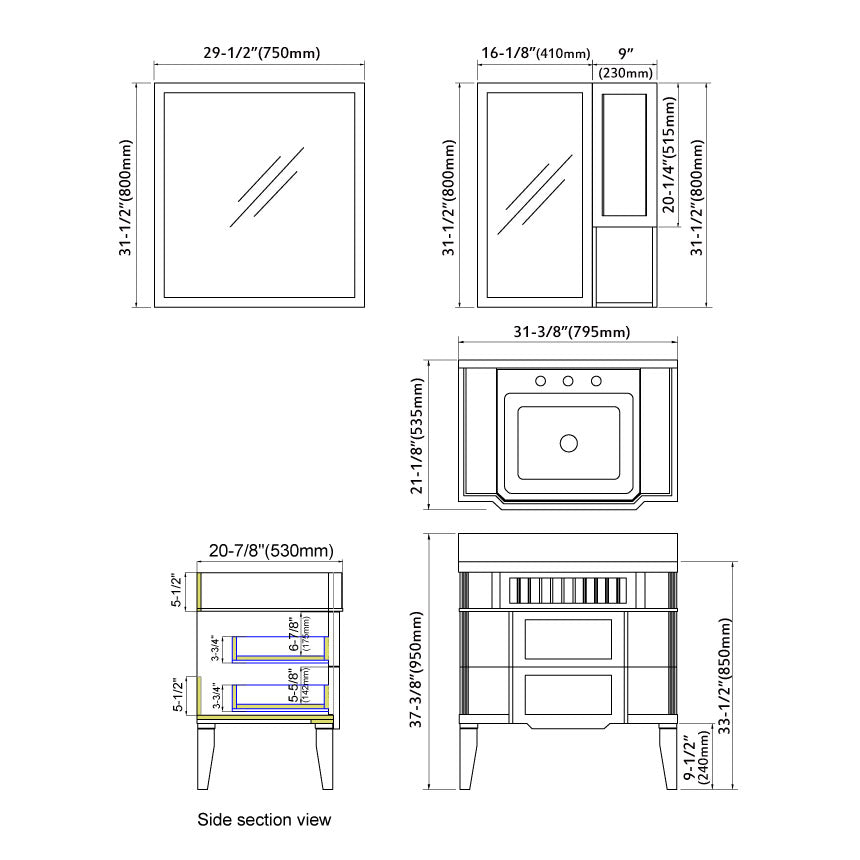 020 Series- 33 Inch Vanity-Grey Green With Basin