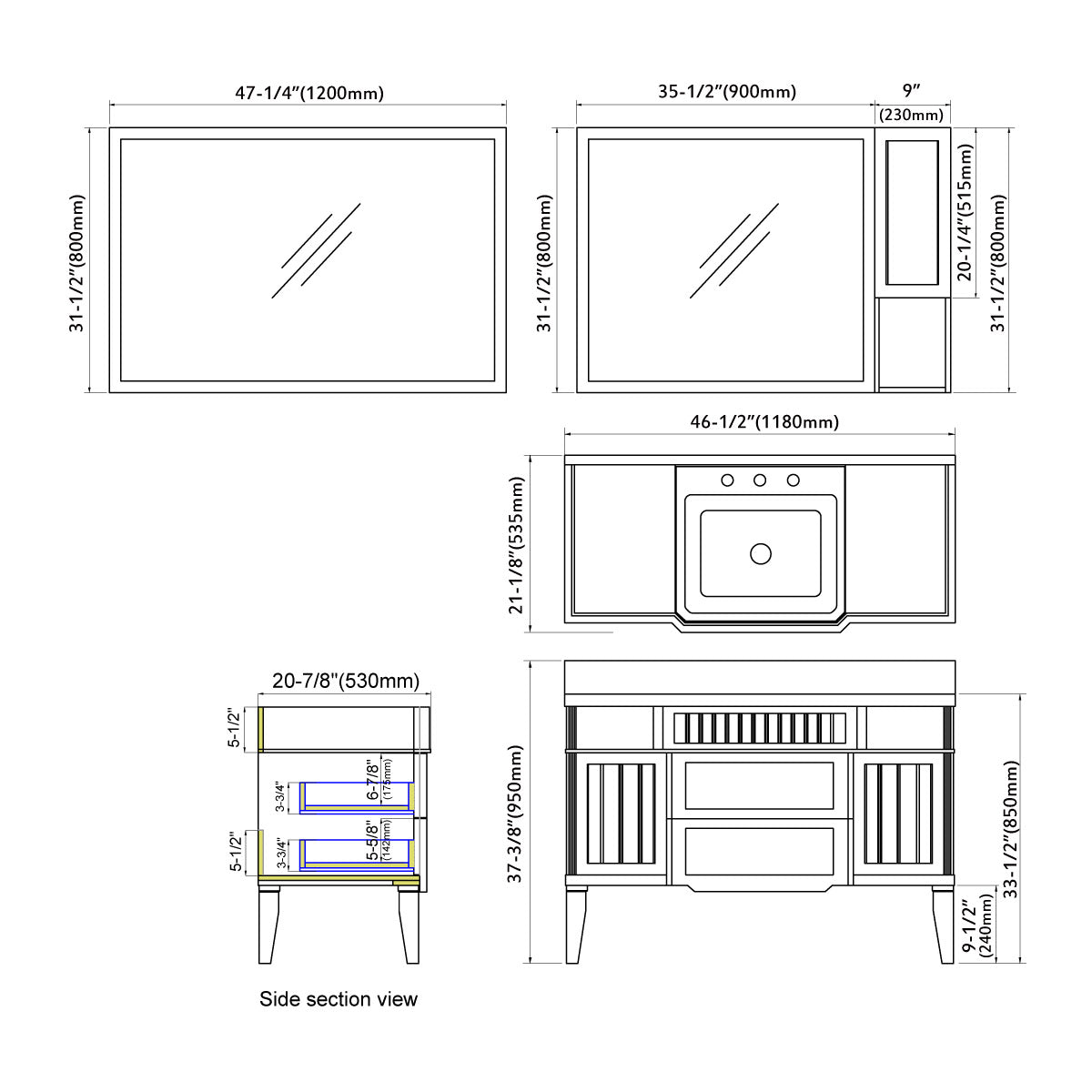 020 Series- 48 Inch Vanity-Grey Blue With Basin