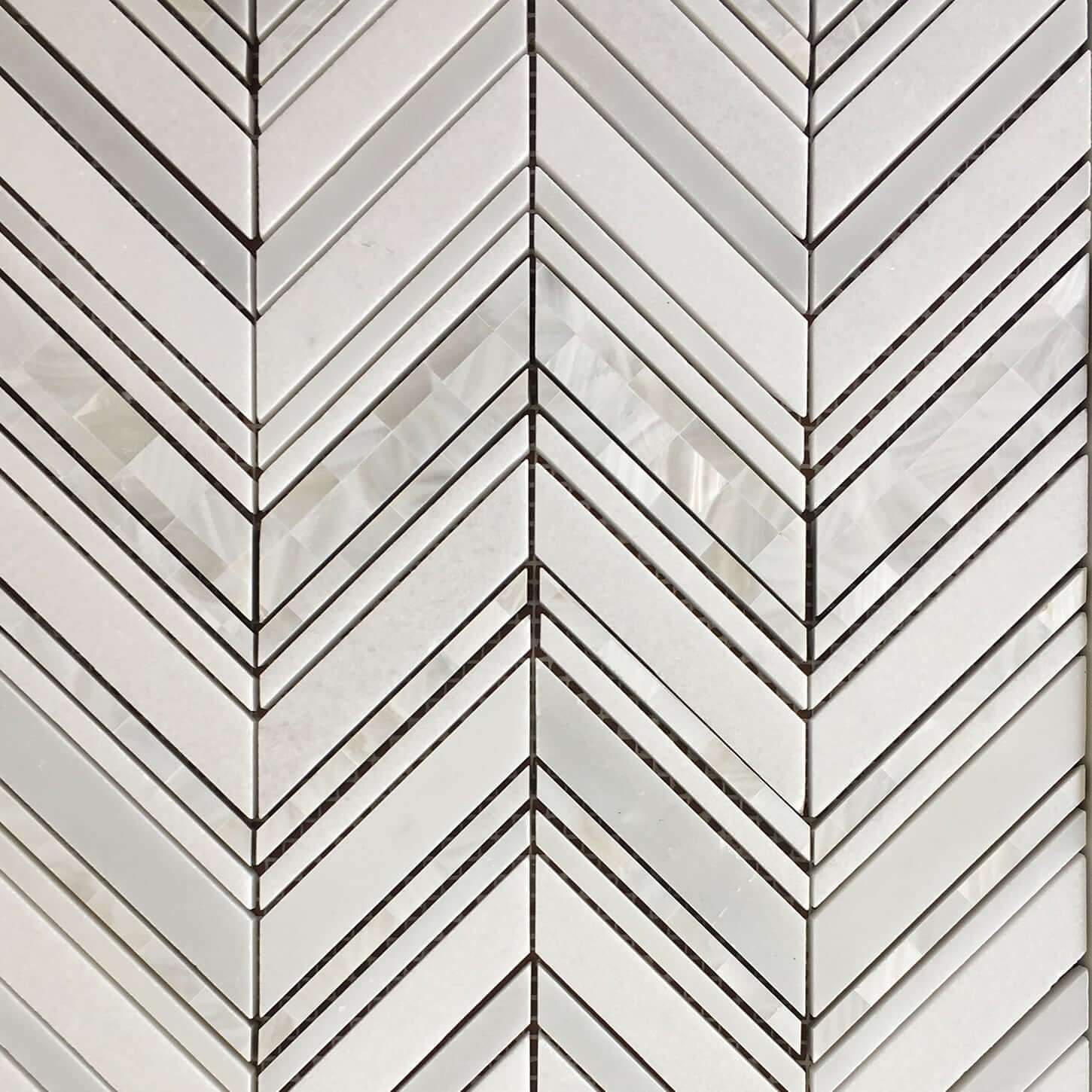 Chevron Waterjet Mosaic Pure White and Mother of Pearl