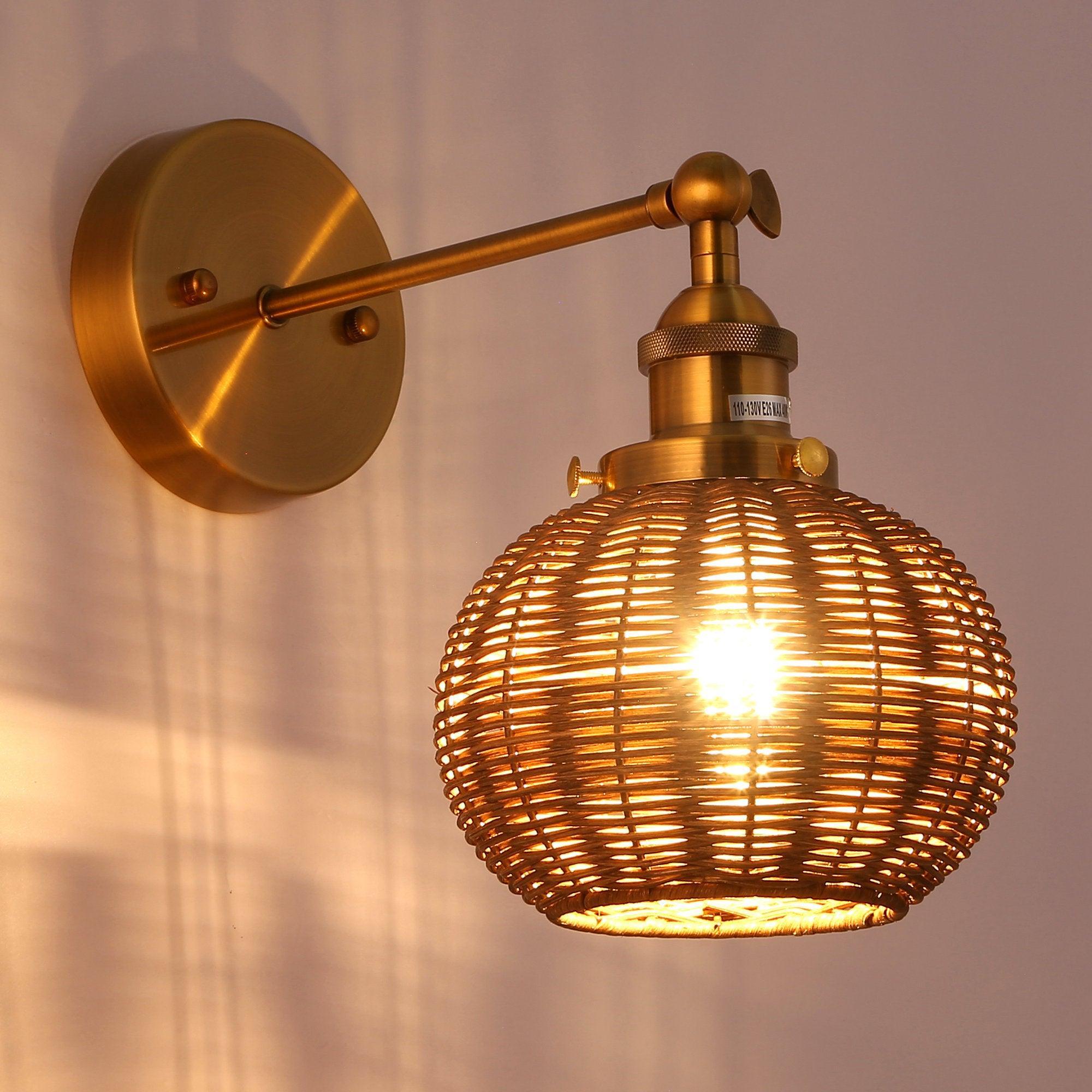 1-Light Traditional Rattan Golden Wall Sconce Light