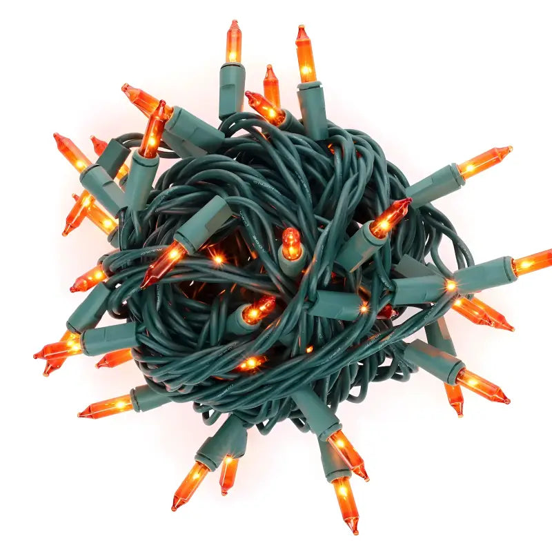 100 Orange Incandescent Mini Lights, Green Wire, 4" Spacing [CLOSEOUT]