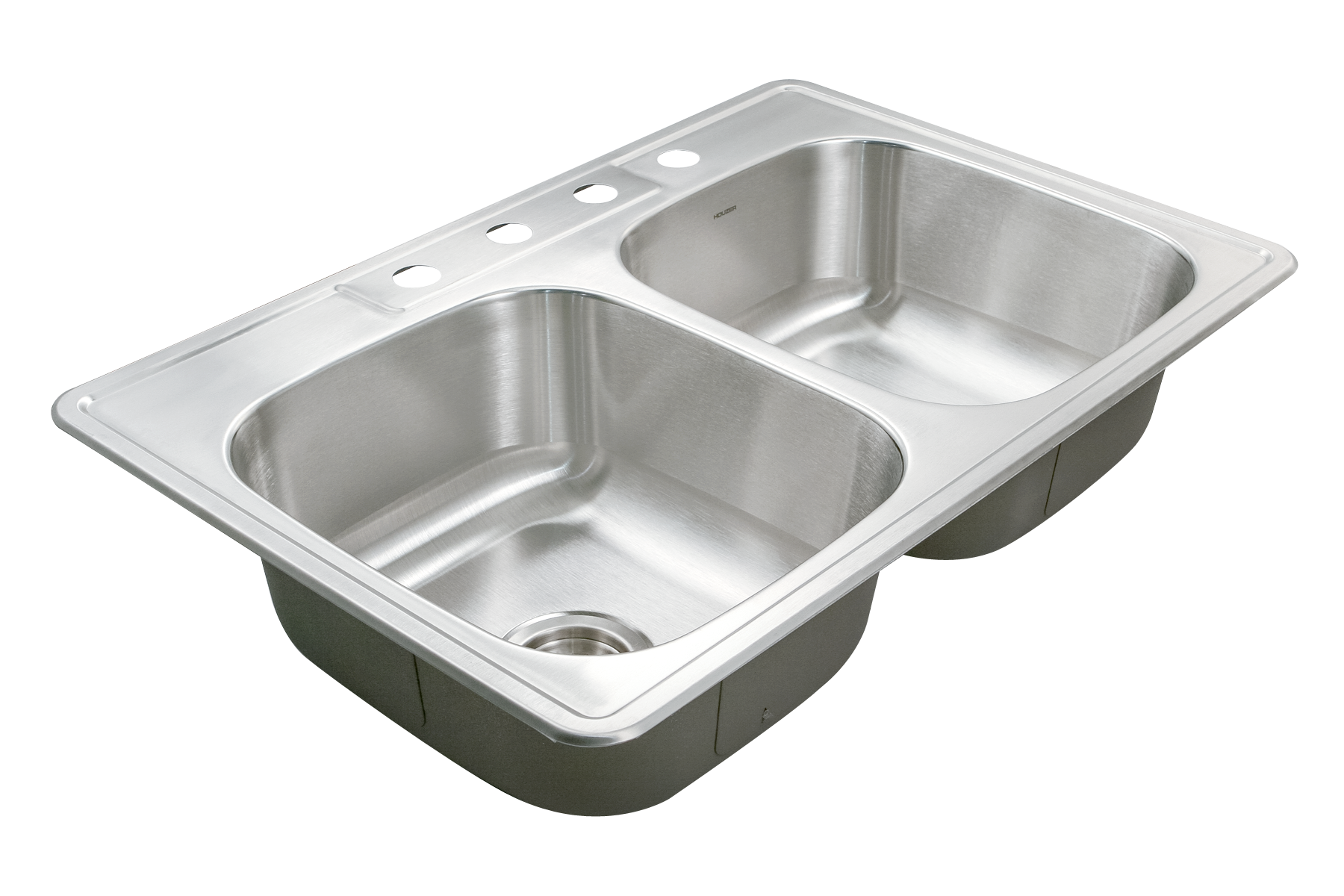 Houzer Glowtone 33" Stainless Steel Drop-in Topmount 4-hole 50/50 Double Bowl 8 inch Deep Kitchen Sink - 3322-8BS4-1
