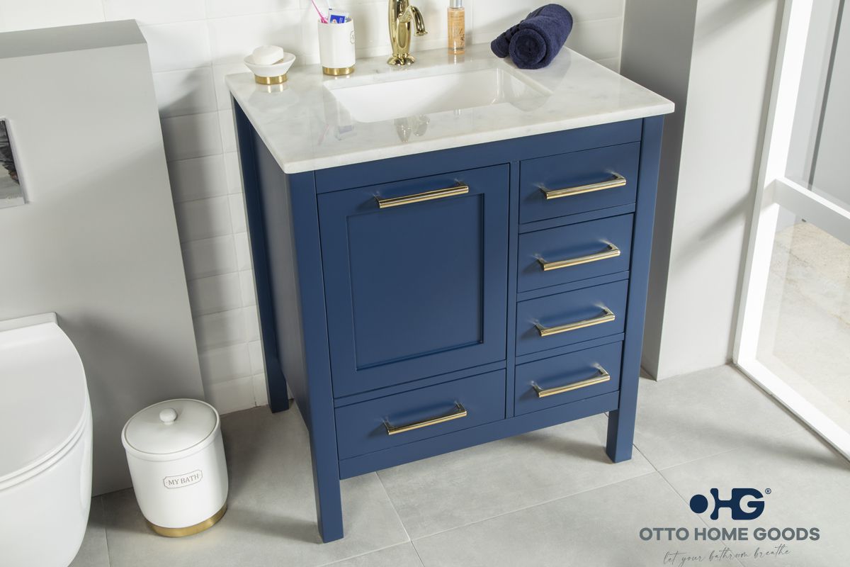 Ashley 30" Navy Blue Bathroom Vanity with Quartz Top & Gold Hardware