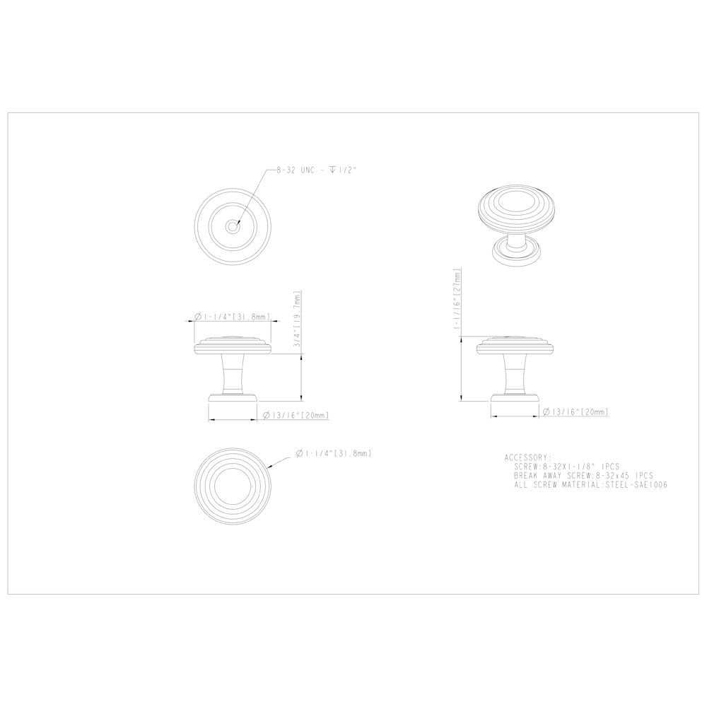 Hardware Resources 1-1/4" Diameter Satin Nickel Stacked Ring Vienna Cabinet Mushroom Knob
