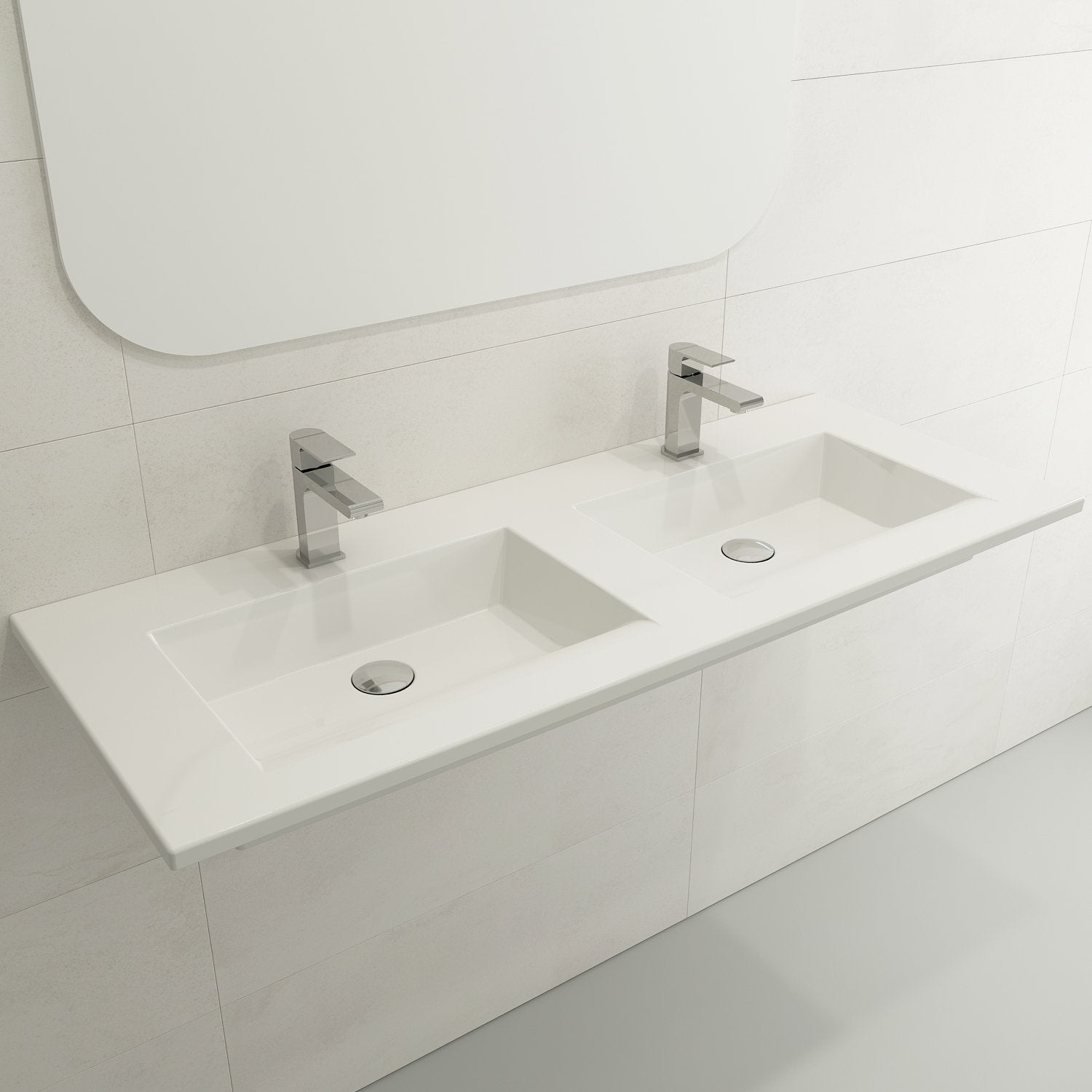 Ravenna Wall-Mounted Sink Fireclay 48 in. Double Bowl for Two 1-Hole Faucets with Overflows 1111