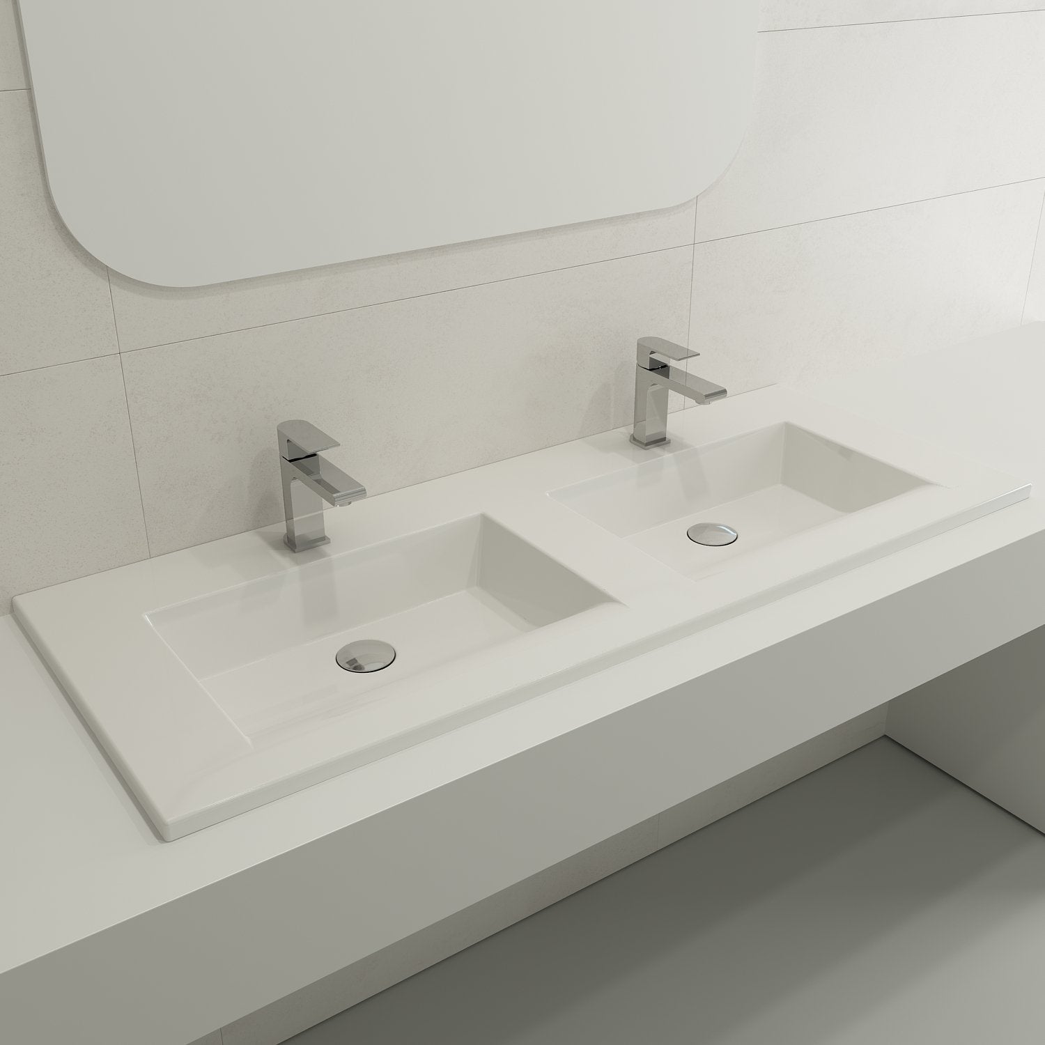 Ravenna Wall-Mounted Sink Fireclay 48 in. Double Bowl for Two 1-Hole Faucets with Overflows 1111