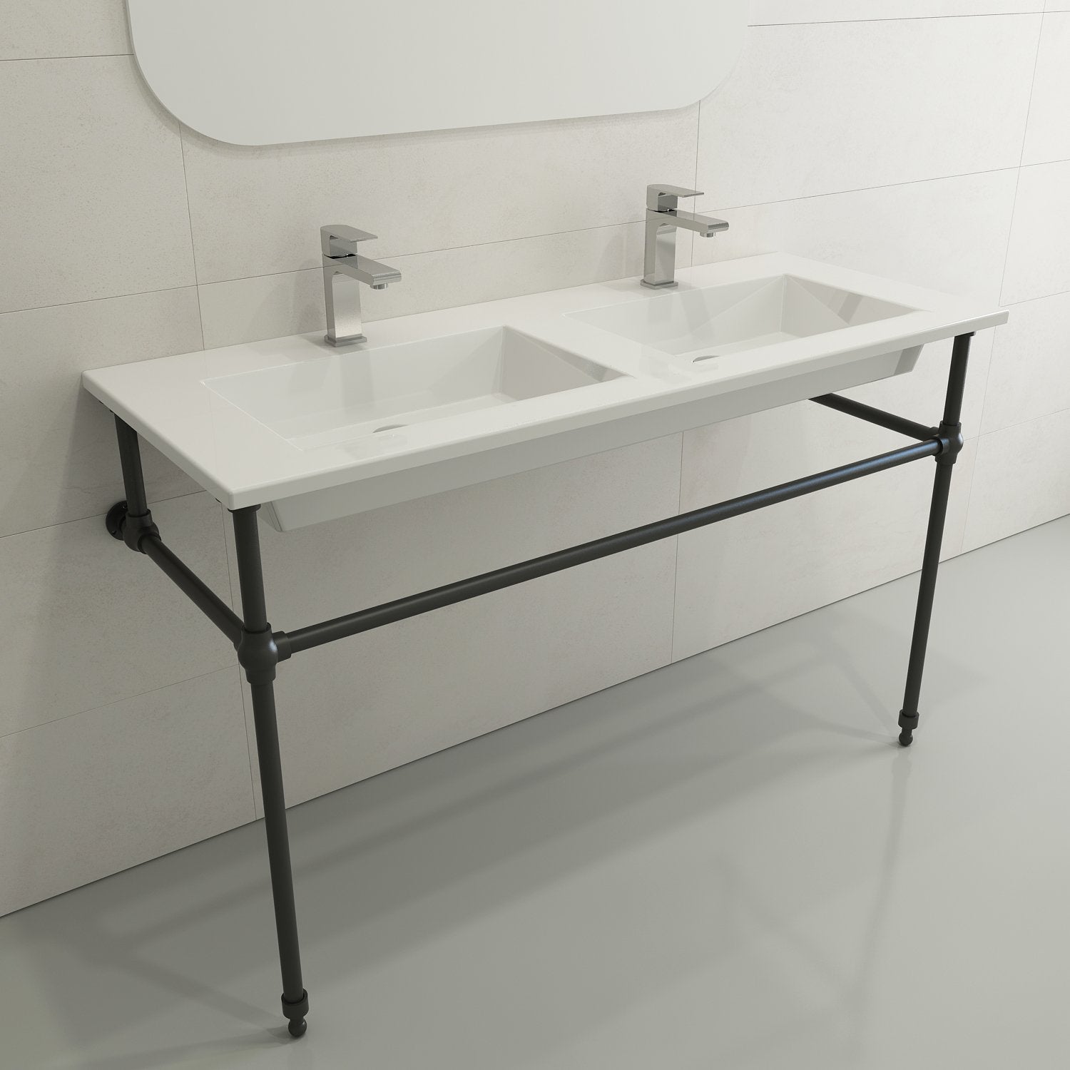 Ravenna Wall-Mounted Sink Fireclay 48 in. Double Bowl for Two 1-Hole Faucets with Overflows 1111