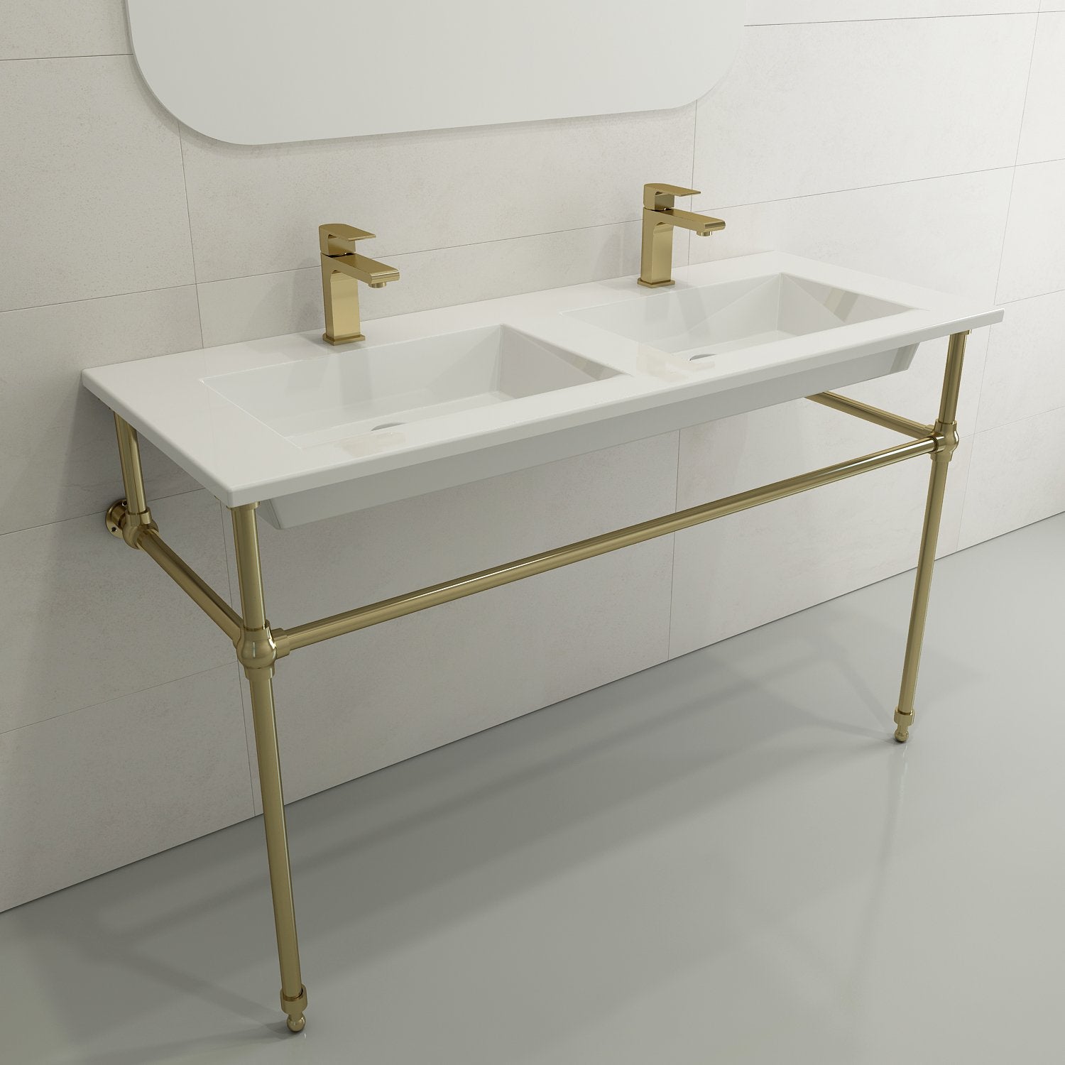 Ravenna Wall-Mounted Sink Fireclay 48 in. Double Bowl for Two 1-Hole Faucets with Overflows 1111