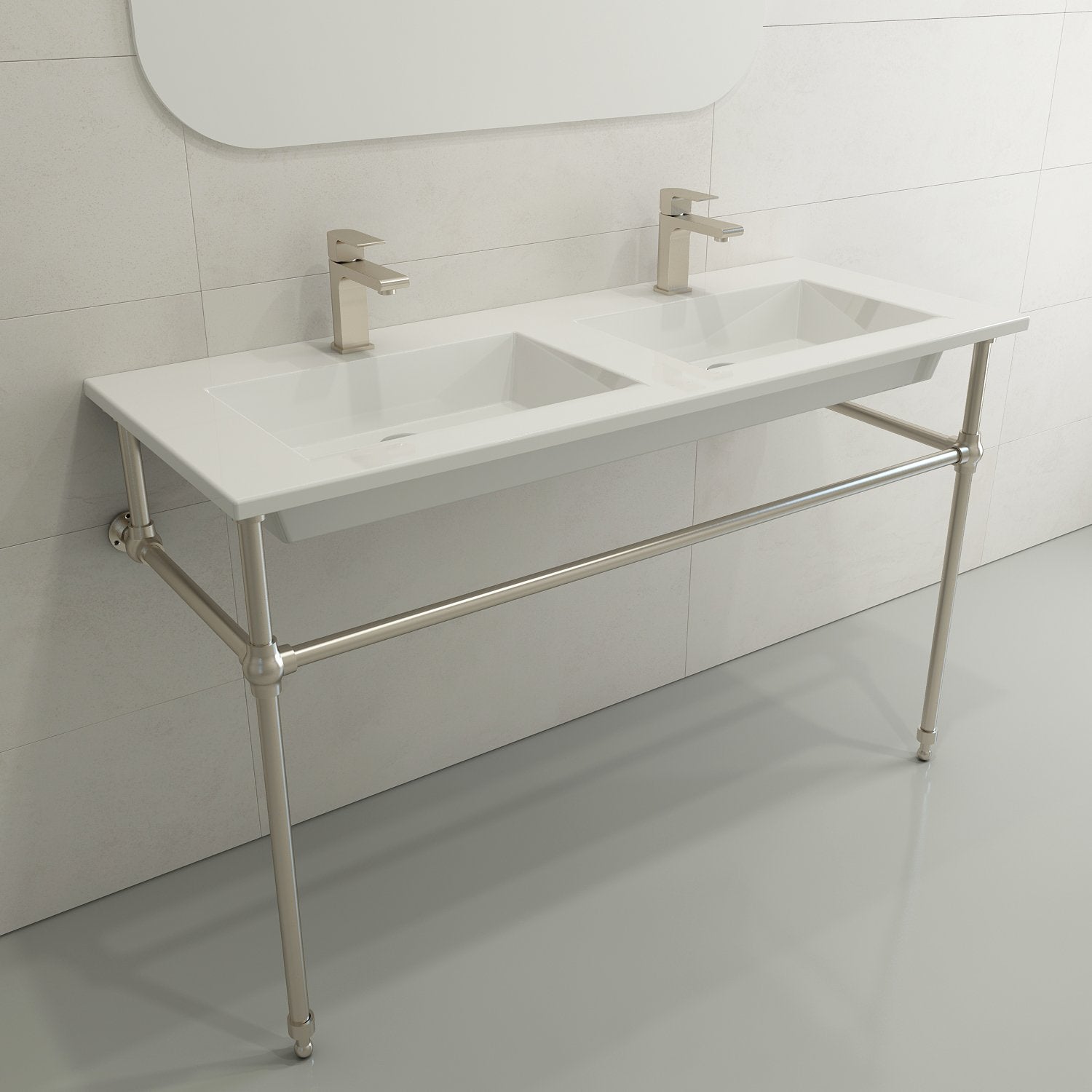 Ravenna Wall-Mounted Sink Fireclay 48 in. Double Bowl for Two 1-Hole Faucets with Overflows 1111