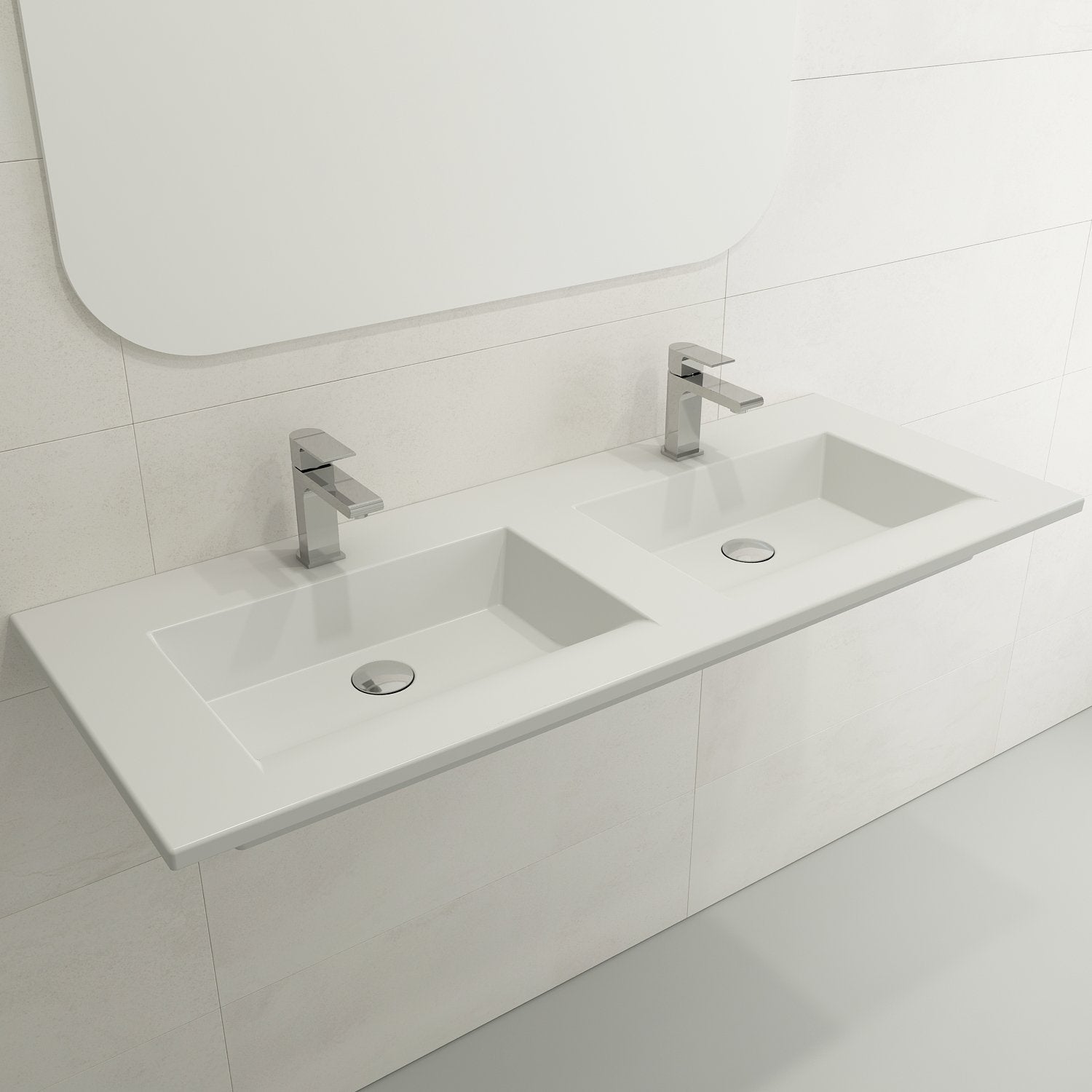 Ravenna Wall-Mounted Sink Fireclay 48 in. Double Bowl for Two 1-Hole Faucets with Overflows 1111