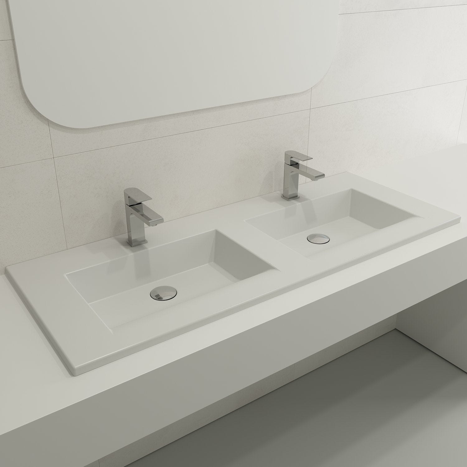 Ravenna Wall-Mounted Sink Fireclay 48 in. Double Bowl for Two 1-Hole Faucets with Overflows 1111