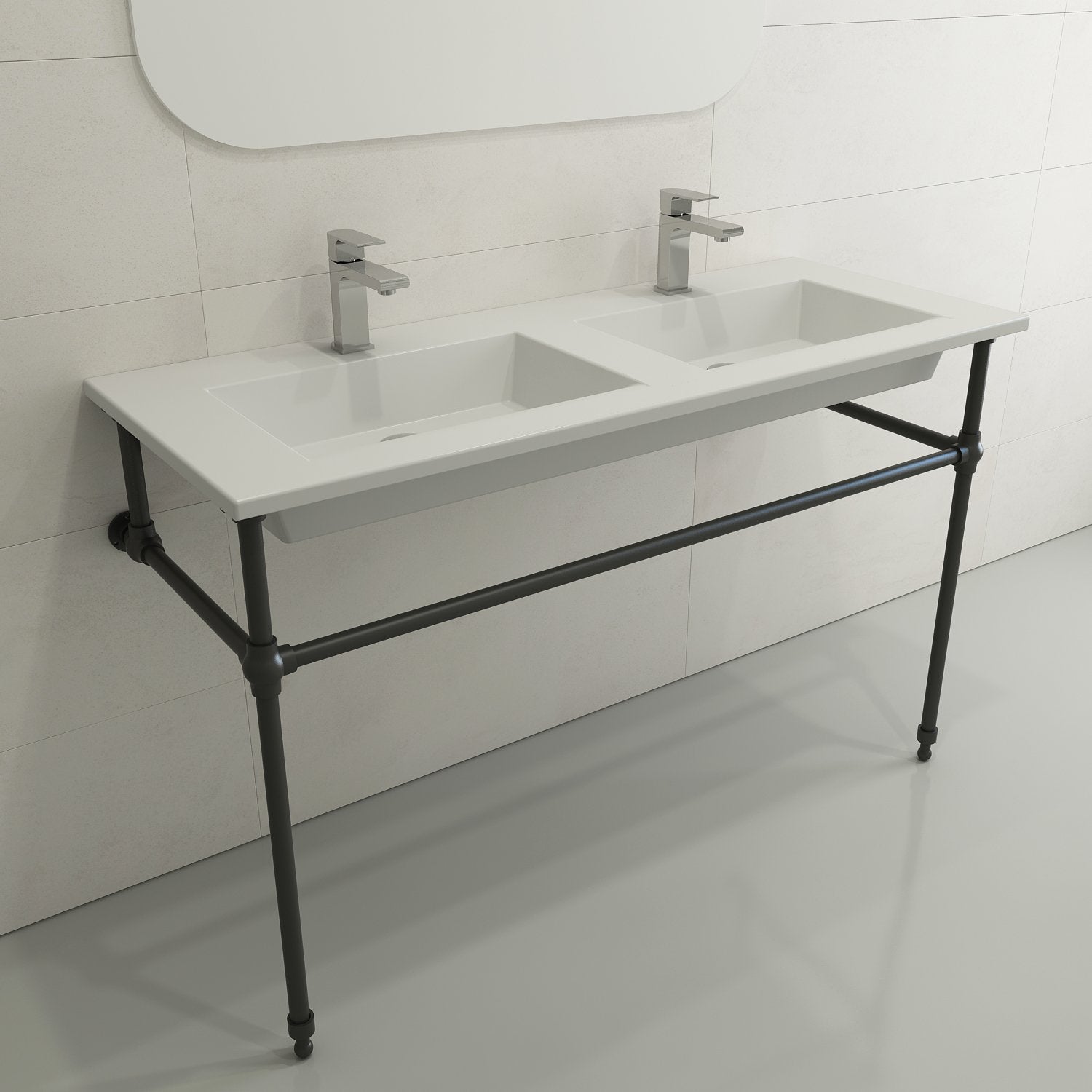 Ravenna Wall-Mounted Sink Fireclay 48 in. Double Bowl for Two 1-Hole Faucets with Overflows 1111