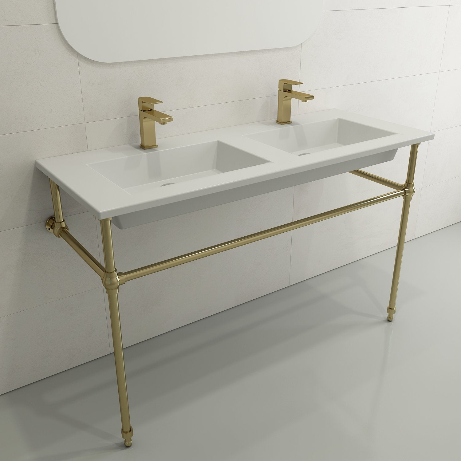 Ravenna Wall-Mounted Sink Fireclay 48 in. Double Bowl for Two 1-Hole Faucets with Overflows 1111