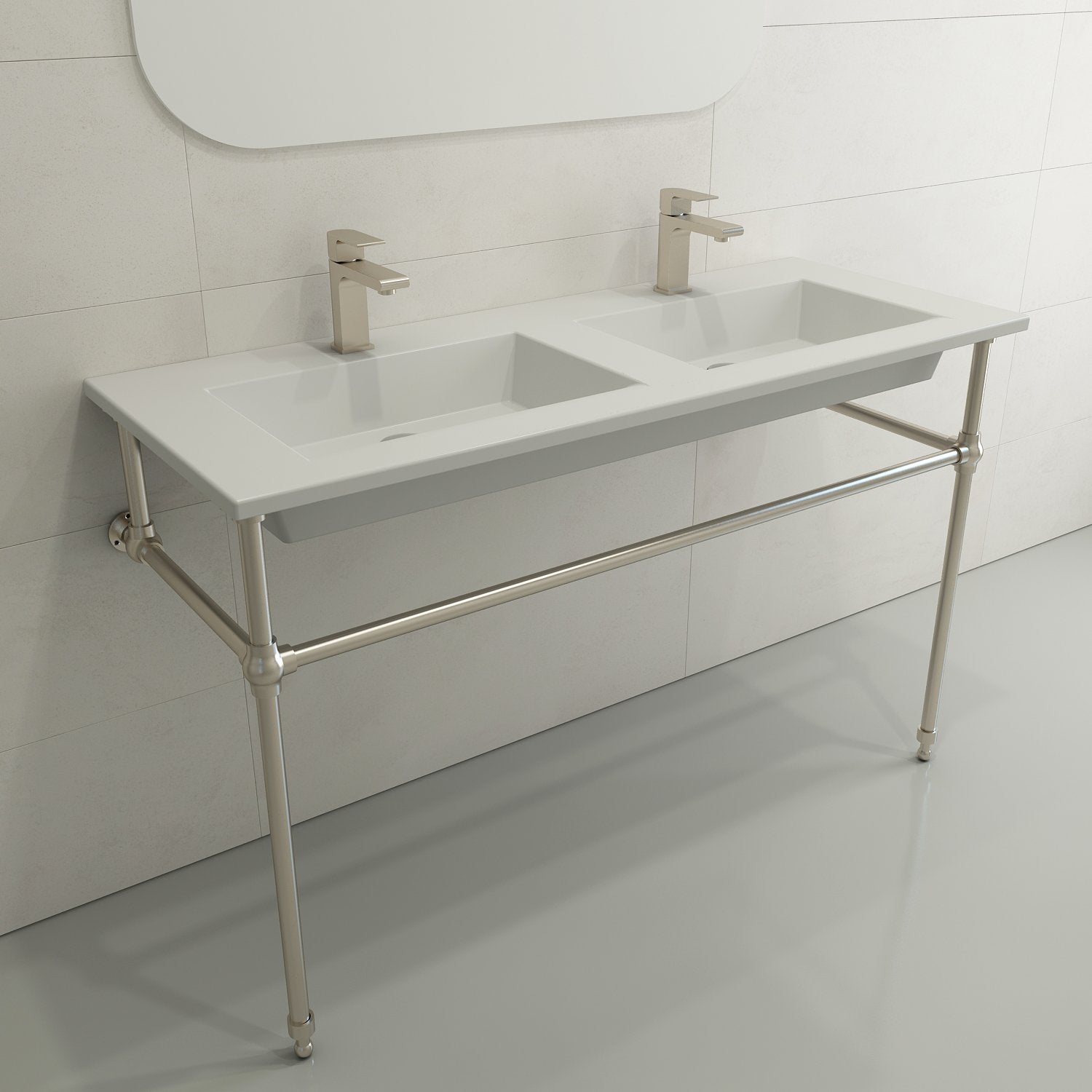 Ravenna Wall-Mounted Sink Fireclay 48 in. Double Bowl for Two 1-Hole Faucets with Overflows 1111