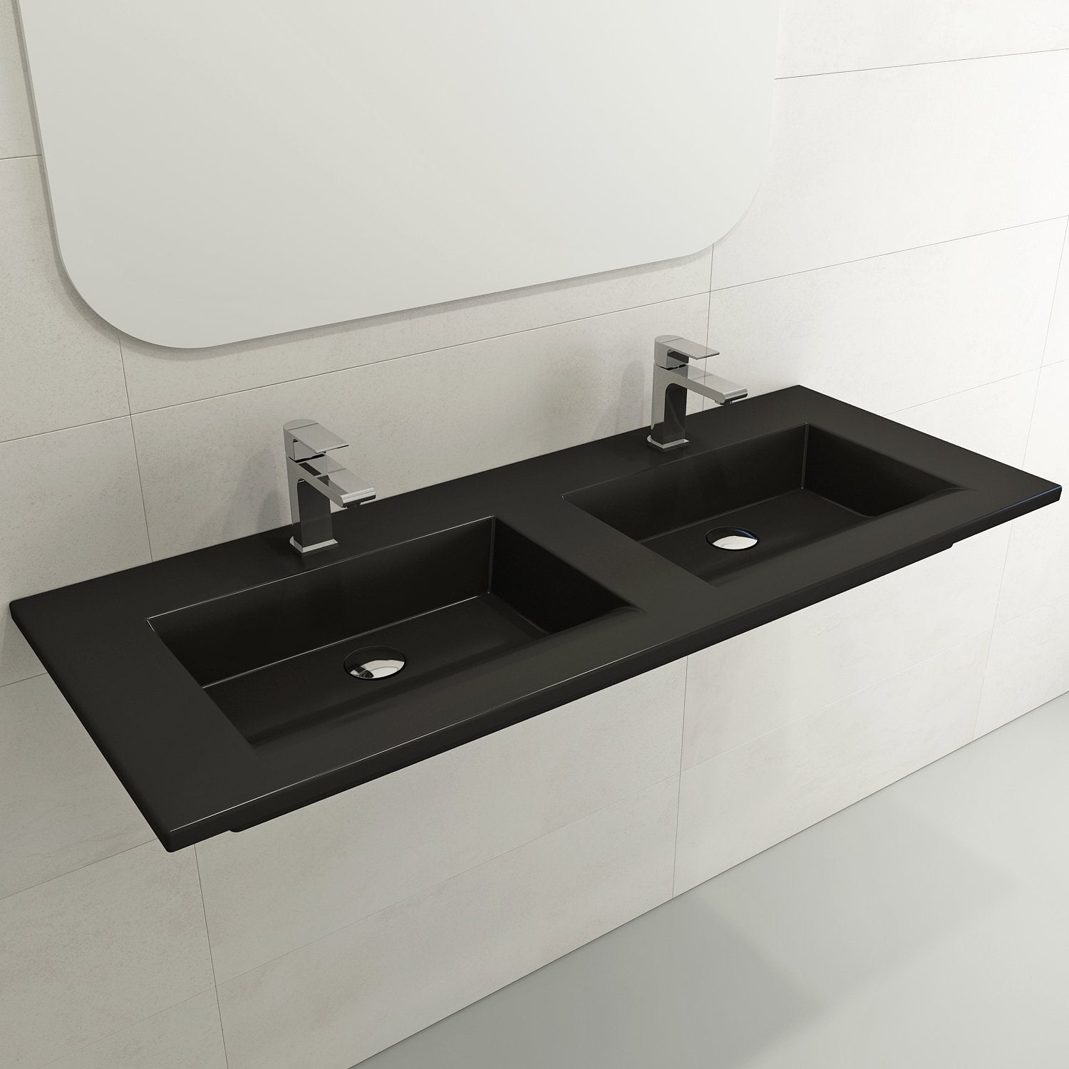 Ravenna Wall-Mounted Sink Fireclay 48 in. Double Bowl for Two 1-Hole Faucets with Overflows 1111