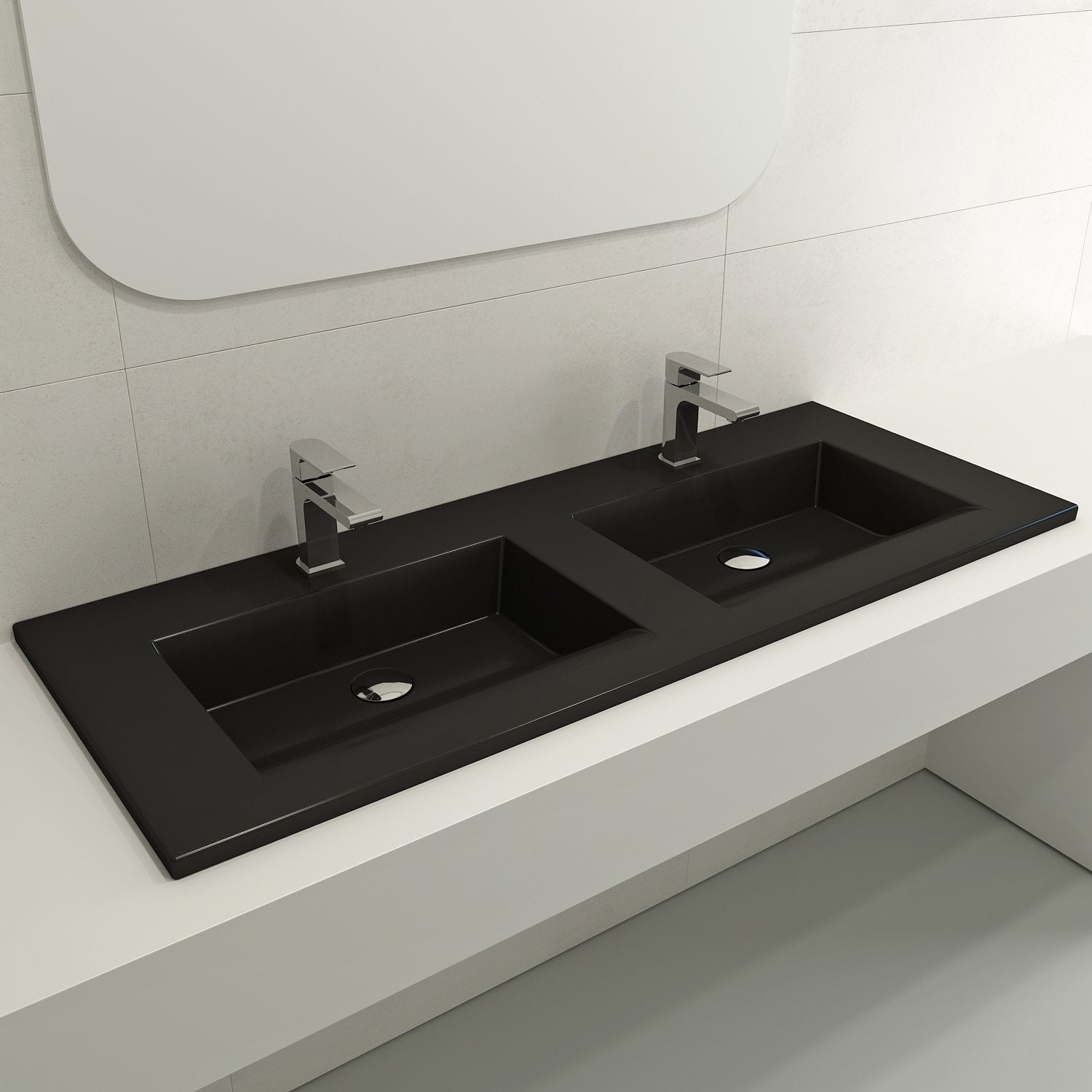 Ravenna Wall-Mounted Sink Fireclay 48 in. Double Bowl for Two 1-Hole Faucets with Overflows 1111