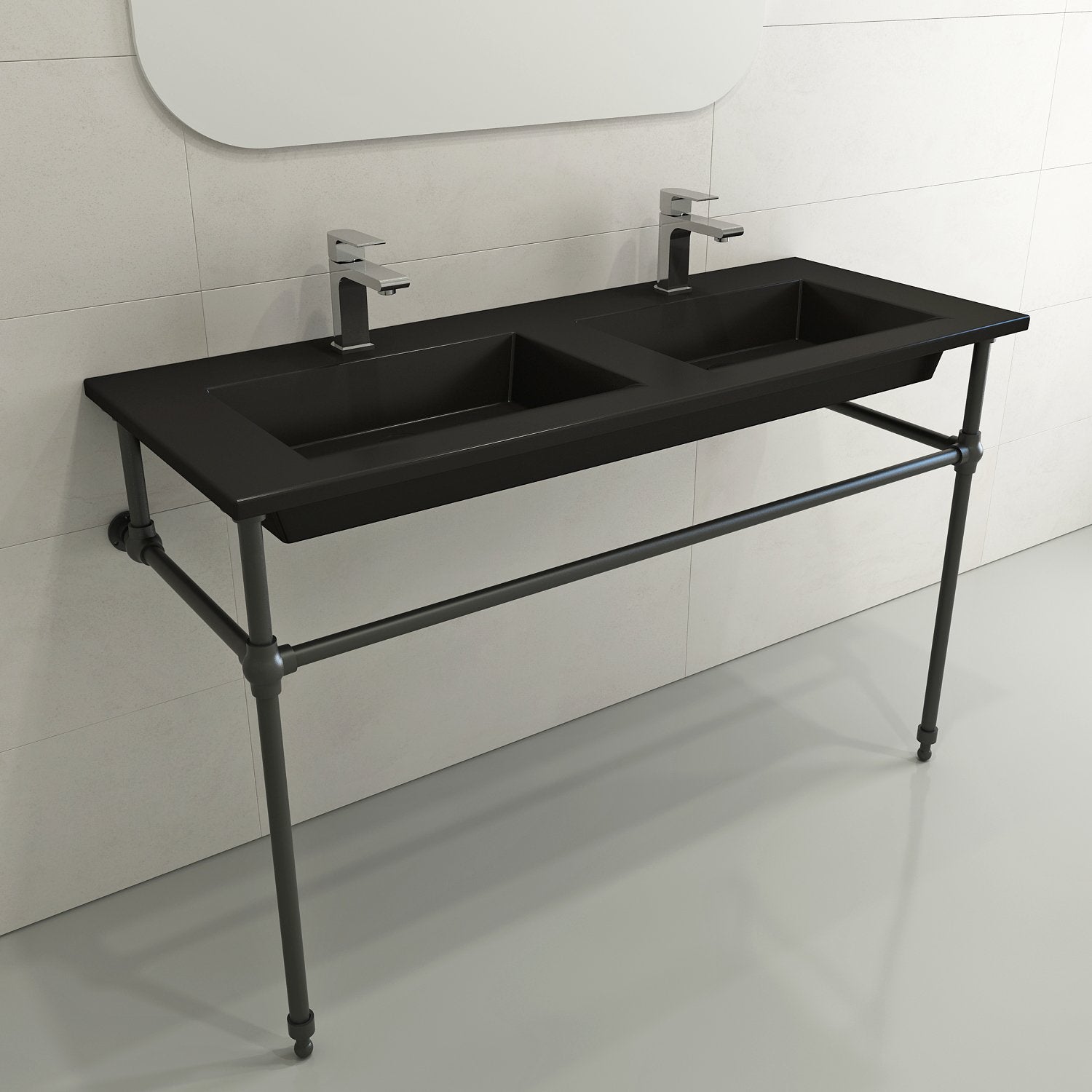 Ravenna Wall-Mounted Sink Fireclay 48 in. Double Bowl for Two 1-Hole Faucets with Overflows 1111