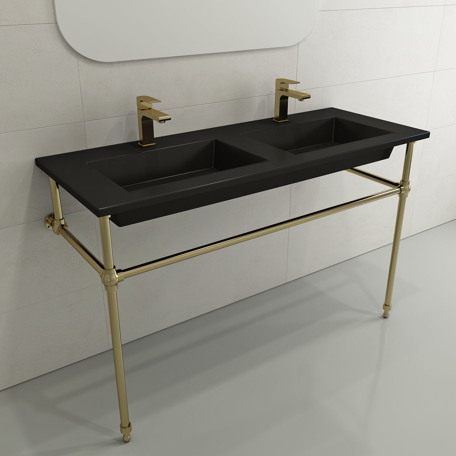 Ravenna Wall-Mounted Sink Fireclay 48 in. Double Bowl for Two 1-Hole Faucets with Overflows 1111