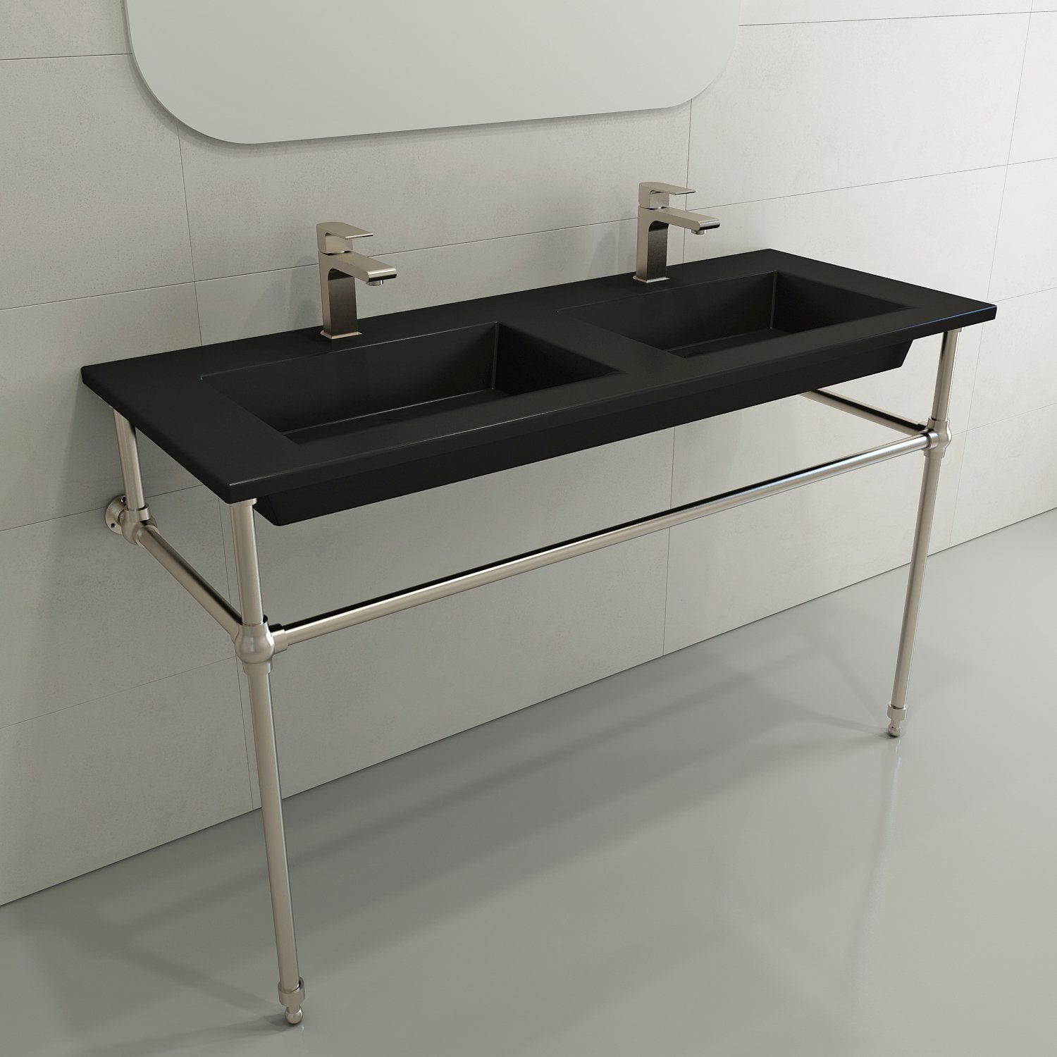 Ravenna Wall-Mounted Sink Fireclay 48 in. Double Bowl for Two 1-Hole Faucets with Overflows 1111