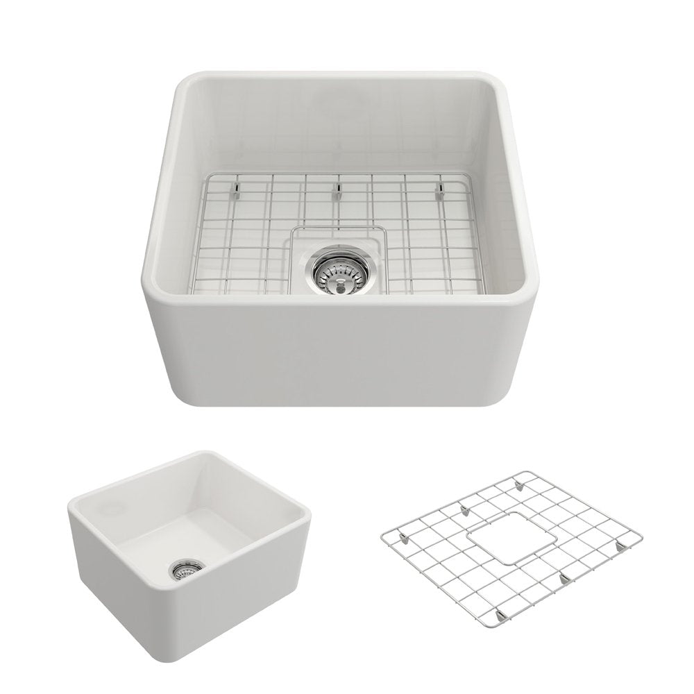 Classico Farmhouse Apron Front Fireclay 20 in. Single Bowl Kitchen Sink with Protective Bottom Grid and Strainer 1136