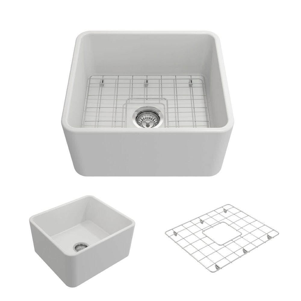 Classico Farmhouse Apron Front Fireclay 20 in. Single Bowl Kitchen Sink with Protective Bottom Grid and Strainer 1136