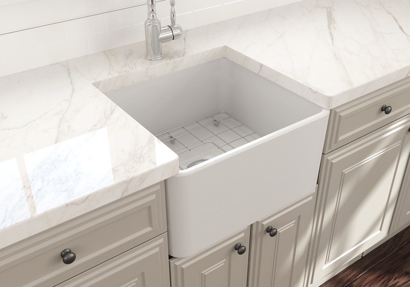 Classico Farmhouse Apron Front Fireclay 20 in. Single Bowl Kitchen Sink with Protective Bottom Grid and Strainer 1136