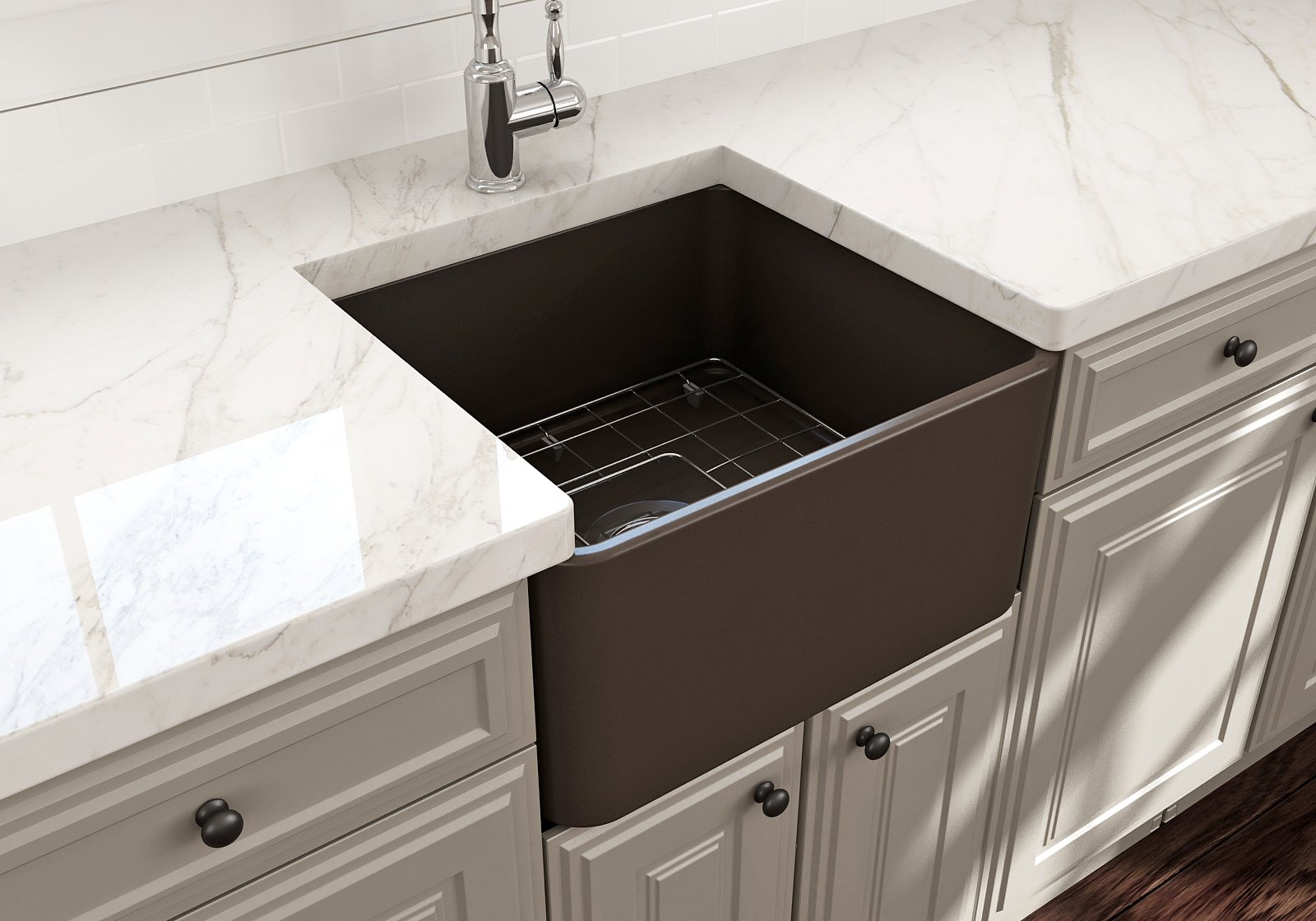 Classico Farmhouse Apron Front Fireclay 20 in. Single Bowl Kitchen Sink with Protective Bottom Grid and Strainer 1136