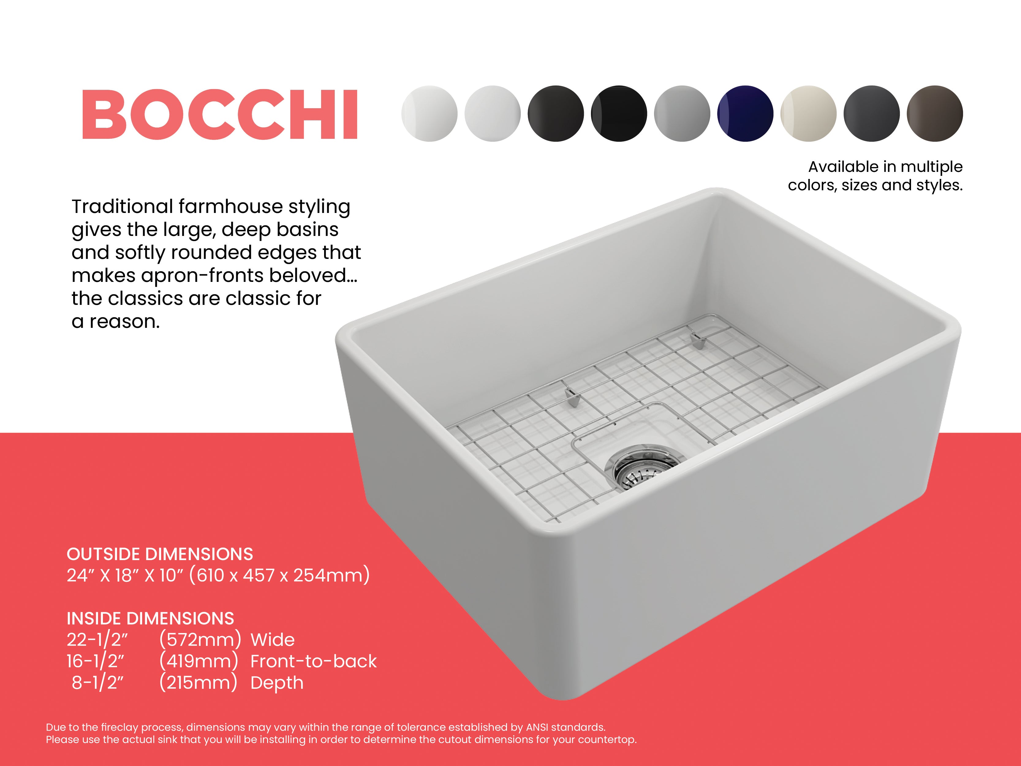 Classico Farmhouse Apron Front Fireclay 24 in. Single Bowl Kitchen Sink with Protective Bottom Grid and Strainer 1137